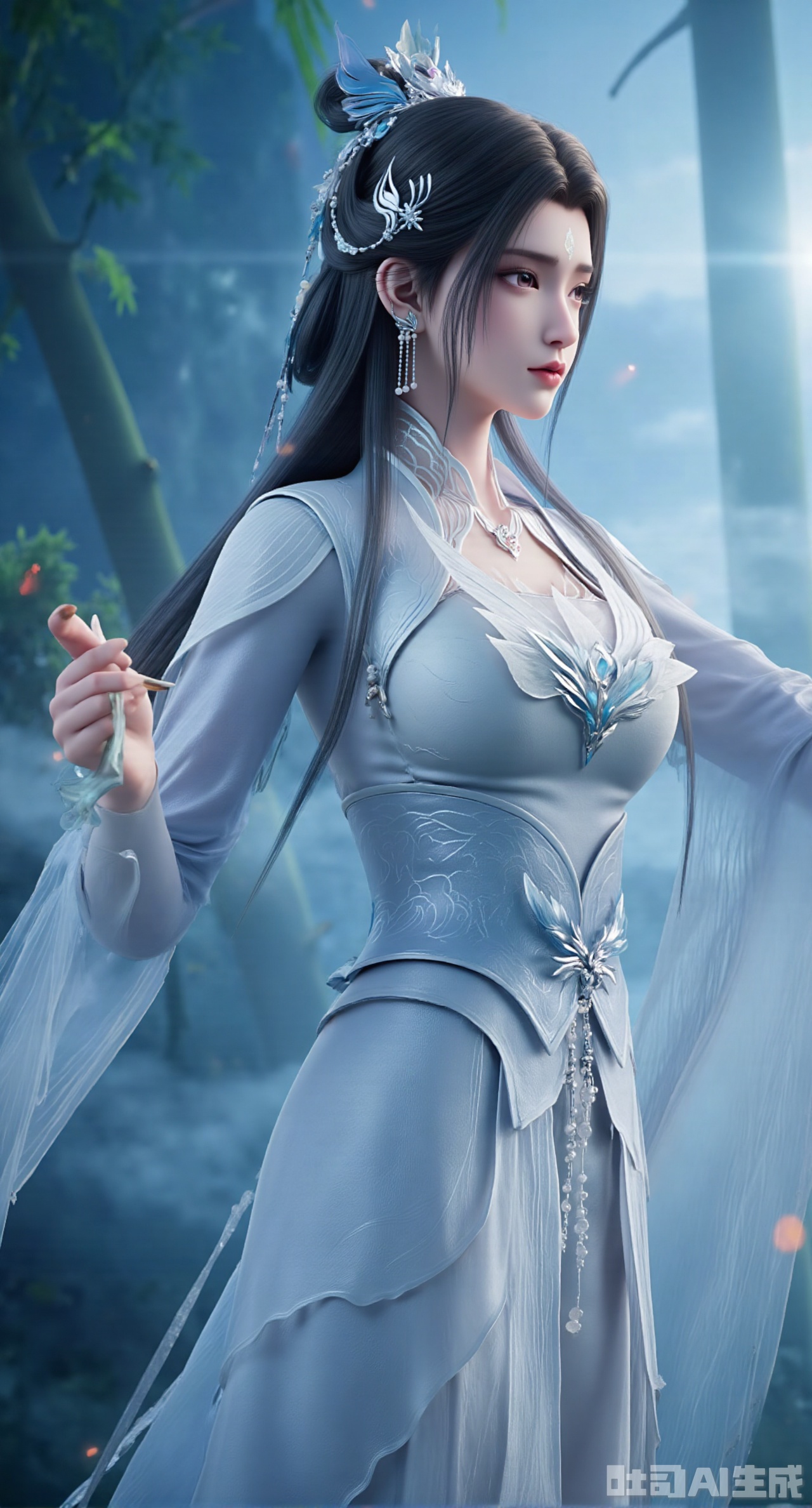 (masterpiece, best quality:1.2),,(UE5.5,rendered with Unreal Engine 5,Unreal Engine 5,CG rendering:1.1),A female general with her hair up in a bun wears light cyan fish-scale soft armor, draped in a white crane cloak. (huge breasts:2.69),She gracefully wields a long sword with a jade hilt. Dancing amidst a bamboo grove, she sends leaves swirling around her. Behind her, a misty landscape painting shimmers, with soft moonlight silvering her blade. Flowing texture of the soft fabric, dappled bamboo shadows, elegant swordsmanship dynamics, ink-wash landscape background, poetic ancient atmosphere, 8K resolution.(huge breasts:2.99),(full breasts:2.99),Xdongjixiaofu,Xlanbaixiaofu,XkjwjlzyY,XLiquidGlass,XiPhone17Pro,Xshuilian,XzhuxianbiyaoX,XnaiqiXY,Xzihanfu