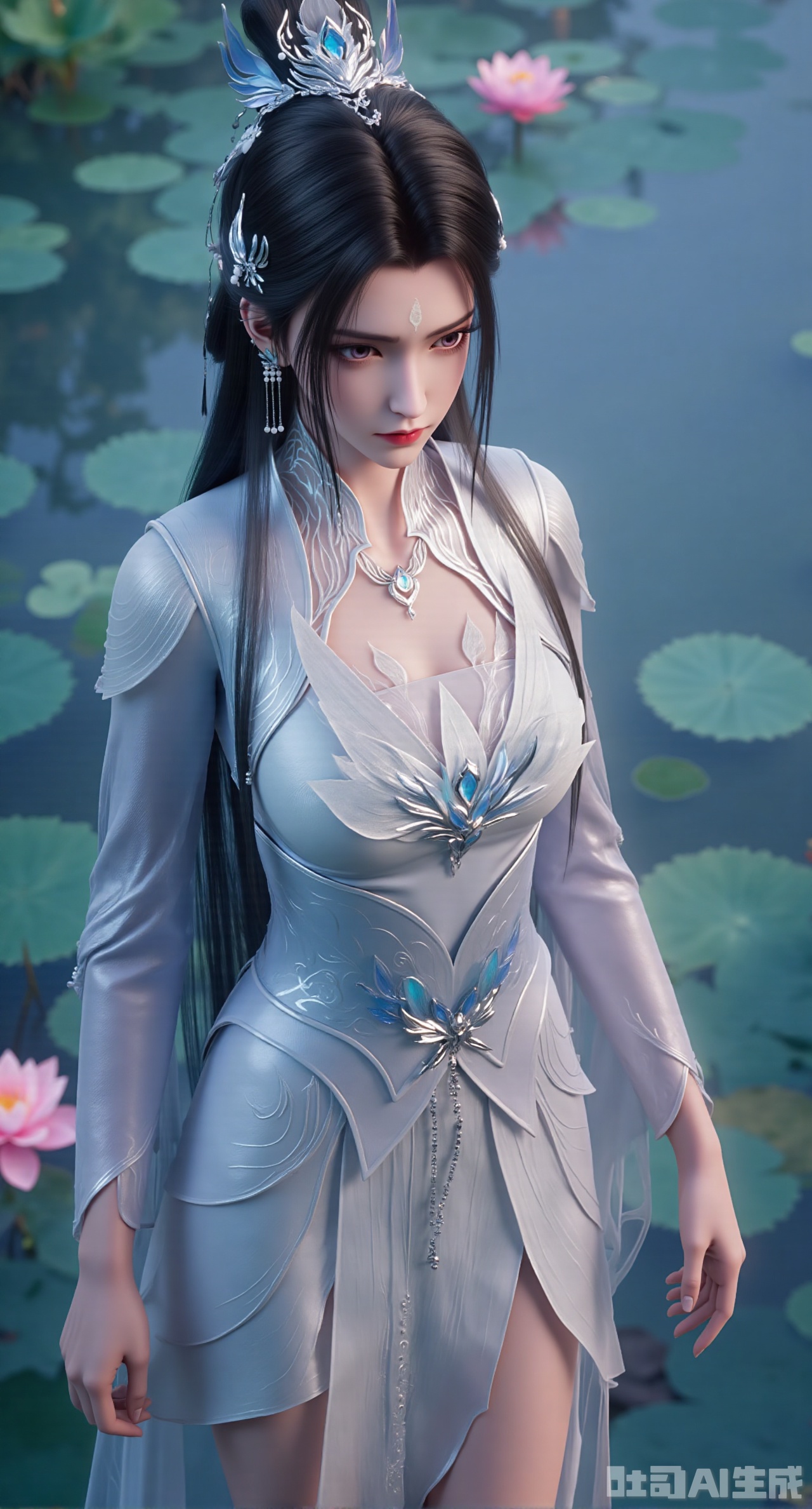 (masterpiece, best quality:1.2),1girl, navel, solo, midriff, bare shoulders, hair ornament,(long hair),(High double ponytail:1.49), red lips, BREAK, (looking at viewer:1.39), chinese clothes,(Holographic pink|green dress:1.36), (lace,Rainbow Gradient Color:1.28), BREAK,blurry, solo focus, long hair, lips, daytime, lipstick, outdoors, standing,upper body,(huge breasts:2.89), background, solo, makeup,(Liquid glass style flowers:1.49),(huge breasts:2.99),(full breasts:2.99),,(Background with lotus pond and pink lotus flowers:1.39),,Xdongjixiaofu,Xlanbaixiaofu,XkjwjlzyY,XLiquidGlass,XiPhone17Pro,Xshuilian,XzhuxianbiyaoX,XnaiqiXY,Xzihanfu