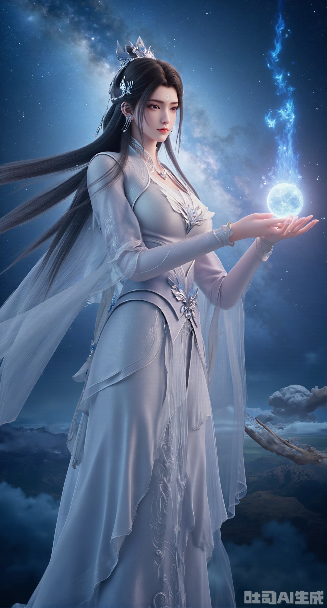 (masterpiece:1.2),best quality,Realistic details, long hair flowing gracefully, exquisitely crafted hair accessories, headdress, holy radiance, starry sky background, nebulae flowing, stars twinkling, willow branches stretching, both hands holding a planet, details on the planets surface, textures of mountains, rivers and oceans, planets surrounding, planets of various sizes, traces of planetary orbits, dreamy light and shadow effects,(huge breasts:2.99),(full breasts:2.99),,,Xdongjixiaofu,Xlanbaixiaofu,XkjwjlzyY,XLiquidGlass,XiPhone17Pro,Xshuilian,XzhuxianbiyaoX,XnaiqiXY,Xzihanfu