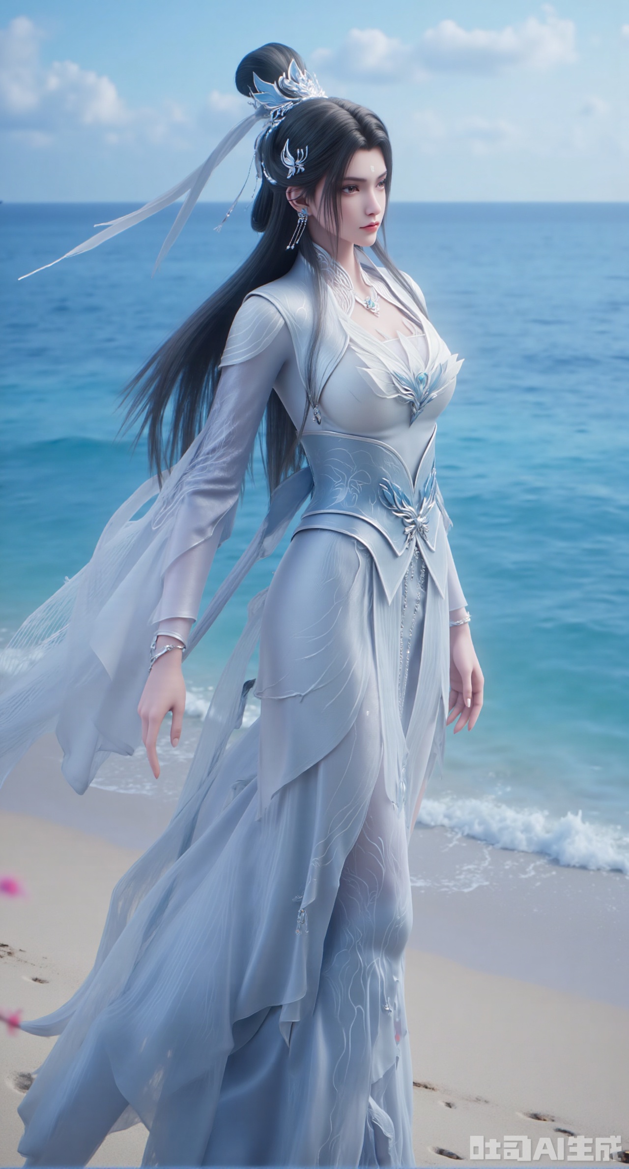(masterpiece:1.2),best quality,3D animation,CG,absurdres,masterpiece,original,extremely detailed wallpaper,perfect lighting,(extremely detailed CG:1.2),1girl,solo,standing,(huge breasts:2.69),(full breasts:2.59),,looking at viewer,(cowboy_shot:1.1),long hair,high heels,blurry background,depth of field,motion blur,long dress,china_dress,chinese_style,bare shouders,crystal_earrings,headpiece,hair_tie,chest_jewel,gem,necklace,jewelry,in summer,day,outdoors,nature,sea,(rose,beach:1.49),(huge breasts:2.99),(full breasts:2.99),(very long legs,Diamond-studded high heels:1.5),Xdongjixiaofu,Xlanbaixiaofu,XkjwjlzyY,XLiquidGlass,XiPhone17Pro,Xshuilian,XzhuxianbiyaoX,XnaiqiXY,Xzihanfu