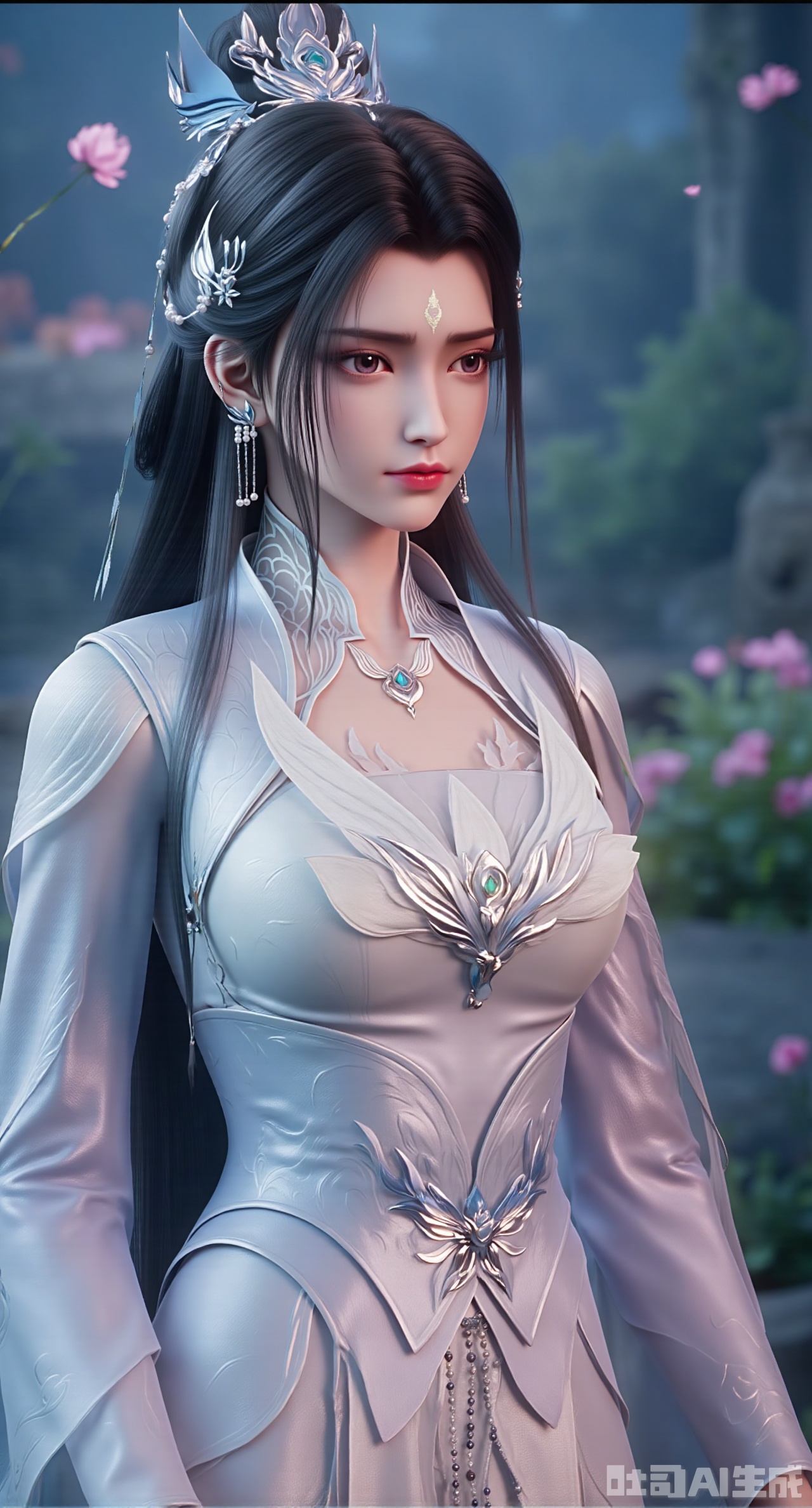 (masterpiece, best quality:1.2),1girl, navel, solo, midriff, bare shoulders, hair ornament,(long hair),(High double ponytail:1.49), red lips, BREAK, (looking at viewer:1.39), chinese clothes,(Holographic pink|green dress:1.36), (lace,Rainbow Gradient Color:1.28), BREAK,blurry, solo focus, long hair, lips, daytime, lipstick, outdoors, standing,upper body,(huge breasts:2.89), background, solo, makeup,(Liquid glass style flowers:1.49),(huge breasts:2.99),(full breasts:2.99),,(Background with lotus pond and pink lotus flowers:1.39),,Xdongjixiaofu,Xlanbaixiaofu,XkjwjlzyY,XLiquidGlass,XiPhone17Pro,Xshuilian,XzhuxianbiyaoX,XnaiqiXY,Xzihanfu