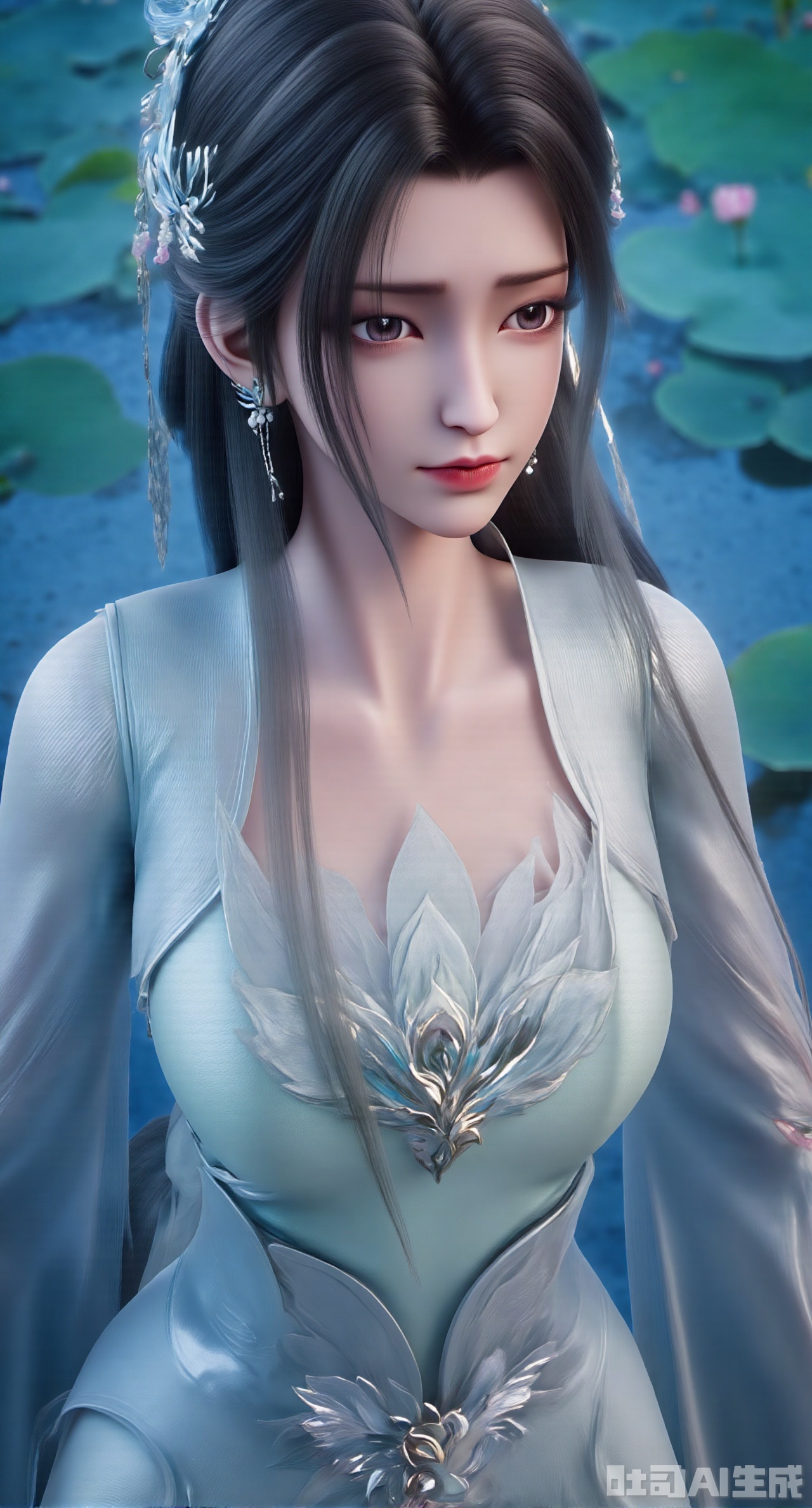 (masterpiece, best quality:1.2),1girl, navel, solo, midriff, bare shoulders, hair ornament,(long hair),(High double ponytail:1.49), red lips, BREAK, (looking at viewer:1.39), chinese clothes,(Holographic pink|green dress:1.36), (lace,Rainbow Gradient Color:1.28), BREAK,blurry, solo focus, long hair, lips, daytime, lipstick, outdoors, standing,upper body,(huge breasts:2.89), background, solo, makeup,(Liquid glass style flowers:1.49),(huge breasts:2.99),(full breasts:2.99),,(Background with lotus pond and pink lotus flowers:1.39),,Xdongjixiaofu,Xlanbaixiaofu,XkjwjlzyY,XLiquidGlass,XiPhone17Pro,Xshuilian,XzhuxianbiyaoX,XnaiqiXY,Xzihanfu