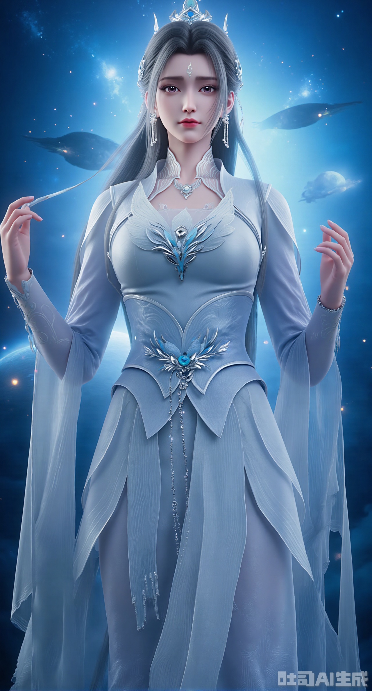 (masterpiece:1.2),best quality,Realistic details, long hair flowing gracefully, exquisitely crafted hair accessories, headdress, holy radiance, starry sky background, nebulae flowing, stars twinkling, willow branches stretching, both hands holding a planet, details on the planets surface, textures of mountains, rivers and oceans, planets surrounding, planets of various sizes, traces of planetary orbits, dreamy light and shadow effects,(huge breasts:2.99),(full breasts:2.99),,,Xdongjixiaofu,Xlanbaixiaofu,XkjwjlzyY,XLiquidGlass,XiPhone17Pro,Xshuilian,XzhuxianbiyaoX,XnaiqiXY,Xzihanfu