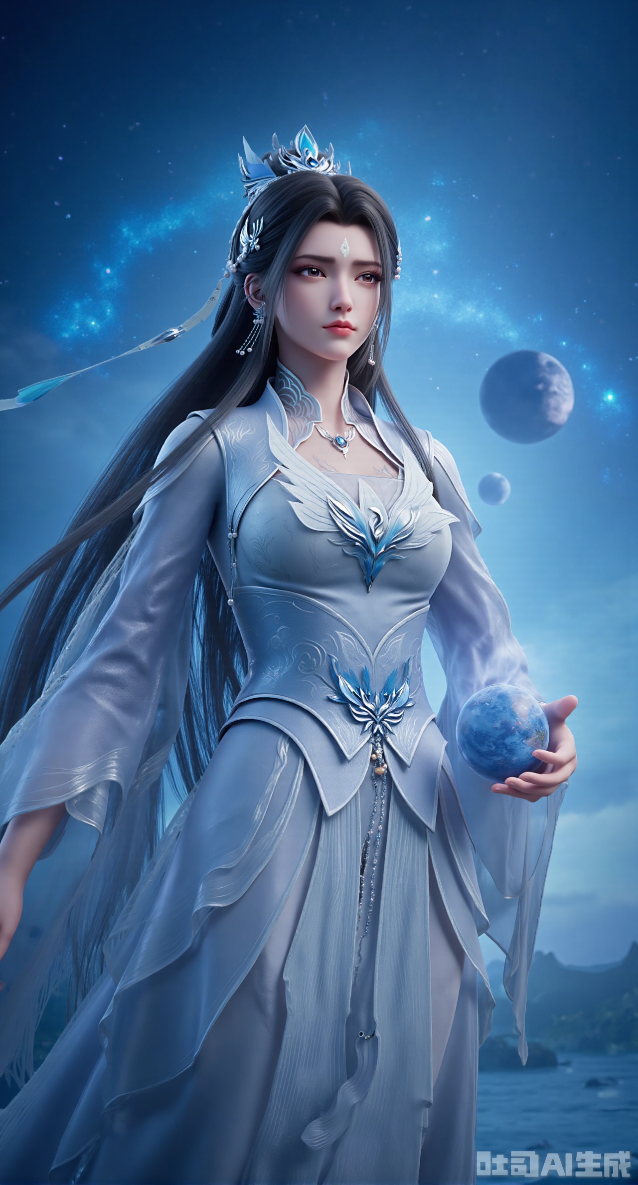 (masterpiece:1.2),best quality,(UE5.5,rendered with Unreal Engine 5,Unreal Engine 5,CG rendering:1.1), Realistic details, long hair flowing gracefully, exquisitely crafted hair accessories, headdress, holy radiance, starry sky background, nebulae flowing, stars twinkling, willow branches stretching, both hands holding a planet, details on the planets surface, textures of mountains, rivers and oceans, planets surrounding, planets of various sizes, traces of planetary orbits, dreamy light and shadow effects,(huge breasts:2.99),(full breasts:2.99),,,Xdongjixiaofu,Xlanbaixiaofu,XkjwjlzyY,XLiquidGlass,XiPhone17Pro,Xshuilian,XzhuxianbiyaoX,XnaiqiXY,Xzihanfu