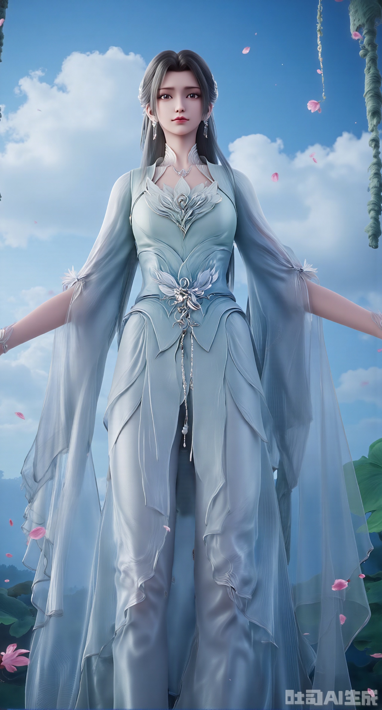 (masterpiece:1.2),best quality,(UE5.5,rendered with Unreal Engine 5,Unreal Engine 5,CG rendering:1.1), Xfenhanfududou, A serene maiden dons a light cyan bellyband embroidered with bamboo leaves and dewdrops, paired with a mint-green ruqun.Standing by the window, ,(huge breasts:2.69), with bamboo curtains swaying gently in the breeze behind her. Cozy atmosphere creation, soft natural light representation, realistic texture of bamboo weaving, delicate skin glow, 8K resolution, soft color saturation, Chinese-style ink wash illustration style, fine hair rendering.,(huge breasts:2.99), (full breasts:2.99),(Background with lotus pond and pink lotus flowers:1.39),,Xdongjixiaofu,Xlanbaixiaofu,XkjwjlzyY,XLiquidGlass,XiPhone17Pro,Xshuilian,XzhuxianbiyaoX,XnaiqiXY,Xzihanfu