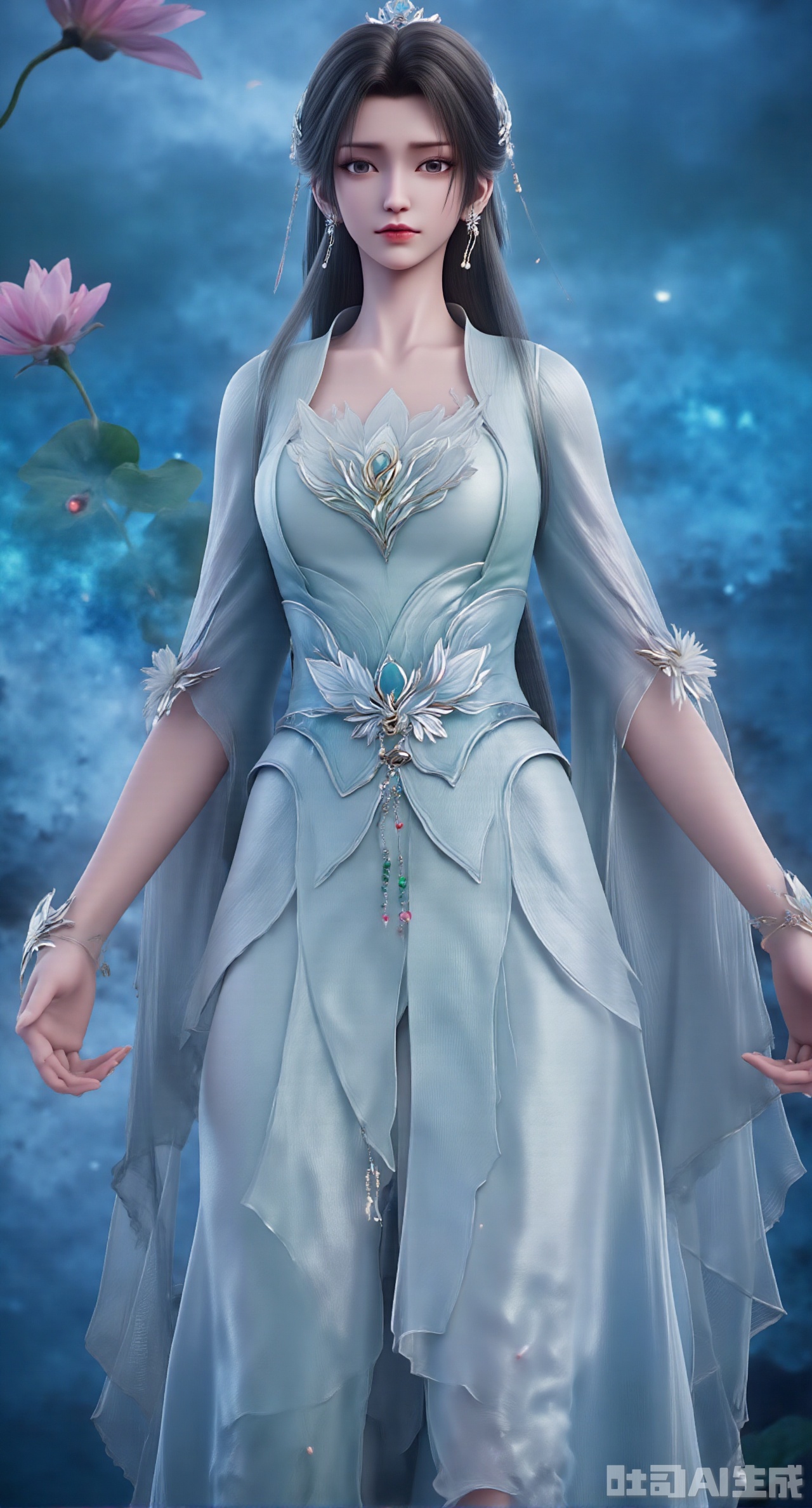 (masterpiece, best quality:1.2),1girl, navel, solo, midriff, bare shoulders, hair ornament,(long hair),(High double ponytail:1.49), red lips, BREAK, (looking at viewer:1.39), chinese clothes,(Holographic pink|green dress:1.36), (lace,Rainbow Gradient Color:1.28), BREAK,blurry, solo focus, long hair, lips, daytime, lipstick, outdoors, standing,upper body,(huge breasts:2.89), background, solo, makeup,(Liquid glass style flowers:1.49),(huge breasts:2.99),(full breasts:2.99),,(Background with lotus pond and pink lotus flowers:1.39),,Xdongjixiaofu,Xlanbaixiaofu,XkjwjlzyY,XLiquidGlass,XiPhone17Pro,Xshuilian,XzhuxianbiyaoX,XnaiqiXY,Xzihanfu
