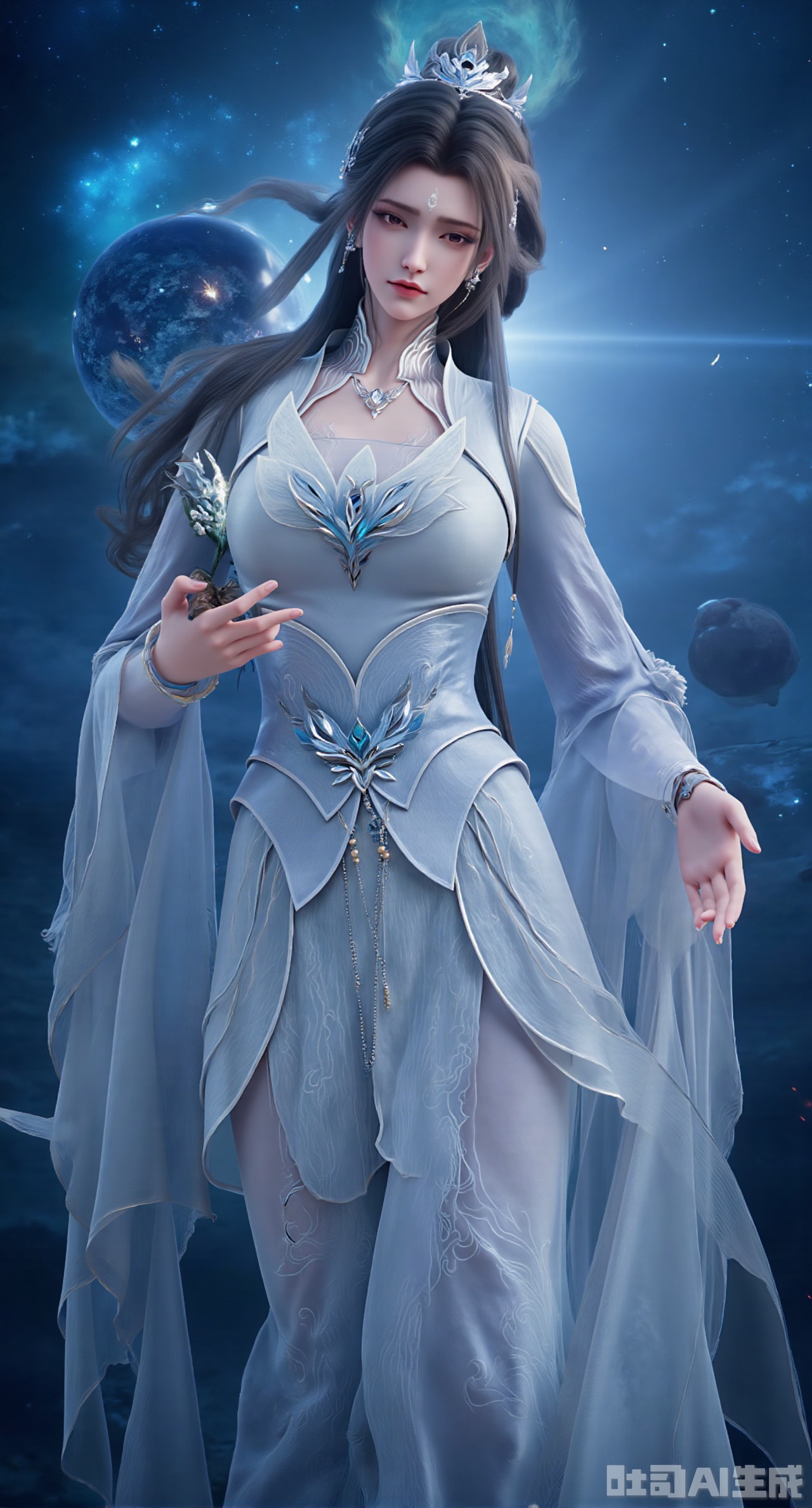 (masterpiece:1.2),best quality,Realistic details, long hair flowing gracefully, exquisitely crafted hair accessories, headdress, holy radiance, starry sky background, nebulae flowing, stars twinkling, willow branches stretching, both hands holding a planet, details on the planets surface, textures of mountains, rivers and oceans, planets surrounding, planets of various sizes, traces of planetary orbits, dreamy light and shadow effects,(huge breasts:2.99),(full breasts:2.99),,,Xdongjixiaofu,Xlanbaixiaofu,XkjwjlzyY,XLiquidGlass,XiPhone17Pro,Xshuilian,XzhuxianbiyaoX,XnaiqiXY,Xzihanfu