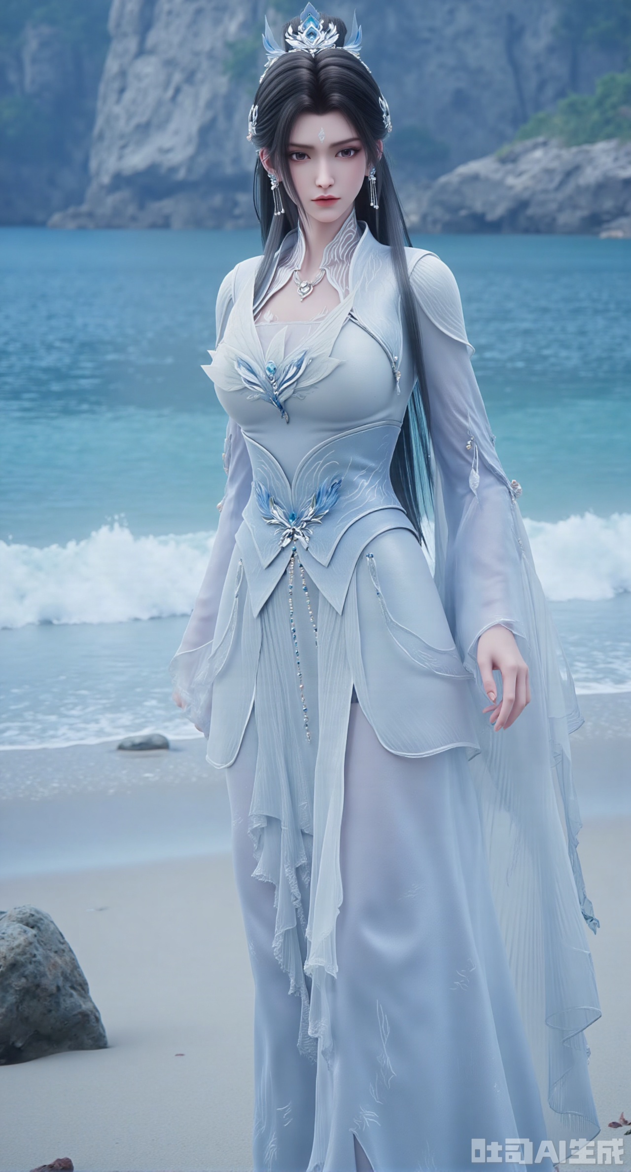 (masterpiece:1.2),best quality,3D animation,CG,absurdres,masterpiece,original,extremely detailed wallpaper,perfect lighting,(extremely detailed CG:1.2),1girl,solo,standing,(huge breasts:2.69),(full breasts:2.59),,looking at viewer,(cowboy_shot:1.1),long hair,high heels,blurry background,depth of field,motion blur,long dress,china_dress,chinese_style,bare shouders,crystal_earrings,headpiece,hair_tie,chest_jewel,gem,necklace,jewelry,in summer,day,outdoors,nature,sea,(rose,beach:1.49),(huge breasts:2.99),(full breasts:2.99),(very long legs,Diamond-studded high heels:1.5),Xdongjixiaofu,Xlanbaixiaofu,XkjwjlzyY,XLiquidGlass,XiPhone17Pro,Xshuilian,XzhuxianbiyaoX,XnaiqiXY,Xzihanfu