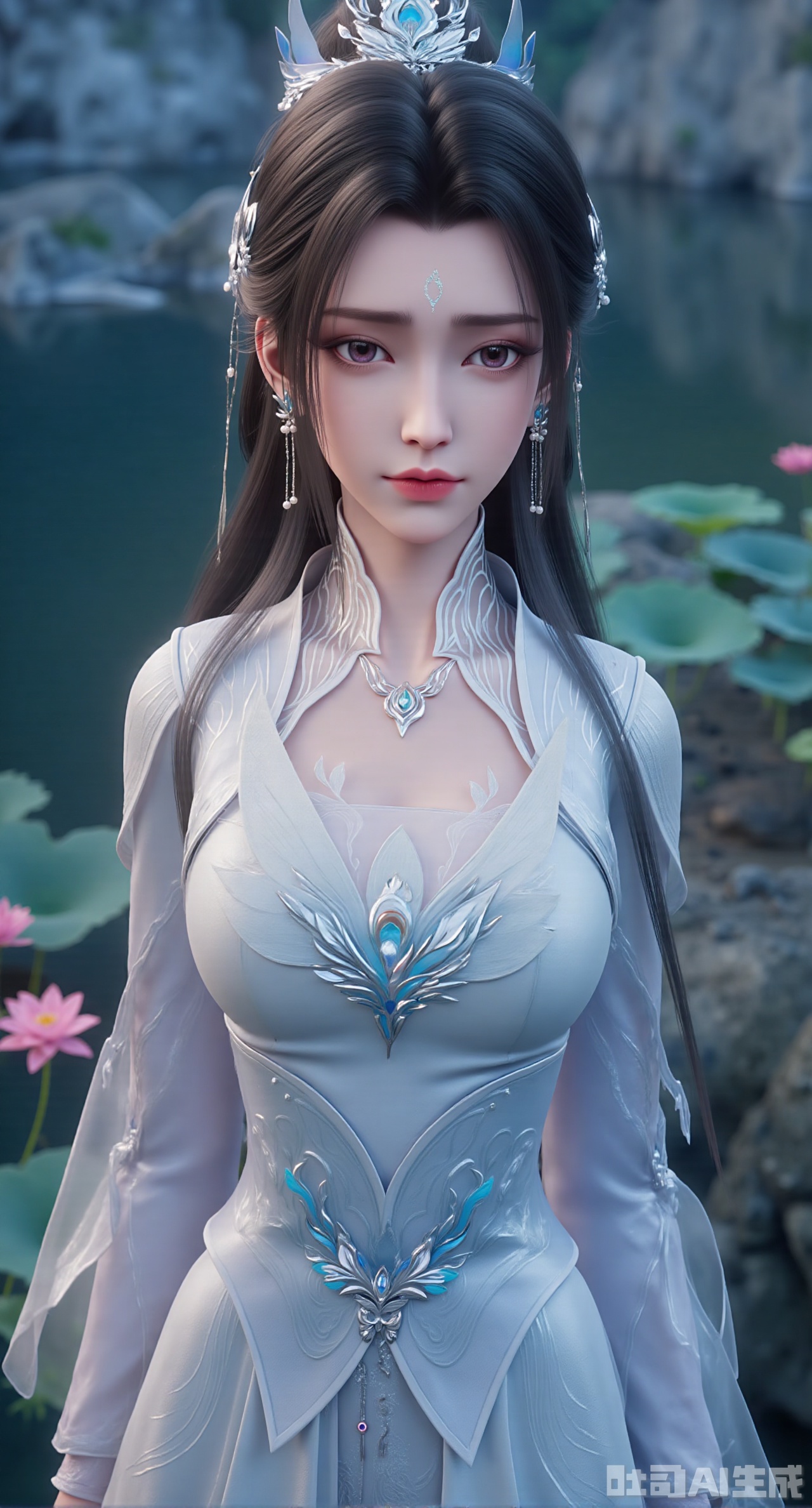 (masterpiece, best quality:1.2),1girl, navel, solo, midriff, bare shoulders, hair ornament,(long hair),(High double ponytail:1.49), red lips, BREAK, (looking at viewer:1.39), chinese clothes,(Holographic pink|green dress:1.36), (lace,Rainbow Gradient Color:1.28), BREAK,blurry, solo focus, long hair, lips, daytime, lipstick, outdoors, standing,upper body,(huge breasts:2.89), background, solo, makeup,(Liquid glass style flowers:1.49),(huge breasts:2.99),(full breasts:2.99),,(Background with lotus pond and pink lotus flowers:1.39),,Xdongjixiaofu,Xlanbaixiaofu,XkjwjlzyY,XLiquidGlass,XiPhone17Pro,Xshuilian,XzhuxianbiyaoX,XnaiqiXY,Xzihanfu