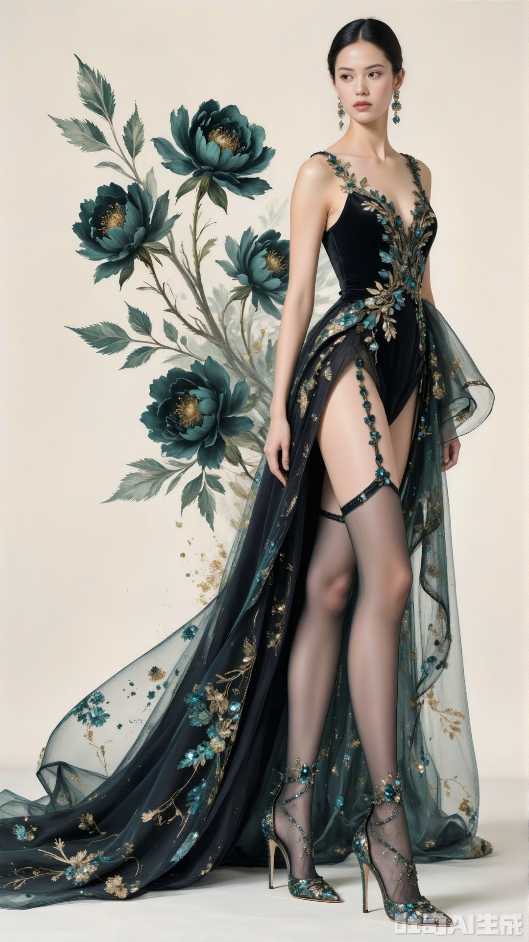 Ink Wash Painting,This illustration skillfully fuses fashion and art. The woman in an exquisitely tailored black gown stands elegantly. The high slit, adorned with crystal - carved high heels. Blue yarn paired with golden leaves and sapphires, like the shoes of an elf in an ice and snow wonderland,. The splashed - ink green flowers in the background are free and unrestrained. The collision of traditional ink painting and modern fashion creates a unique and artistic visual experience.,garter stockings.,semi - transparent,plbj,crystal-carved high heels