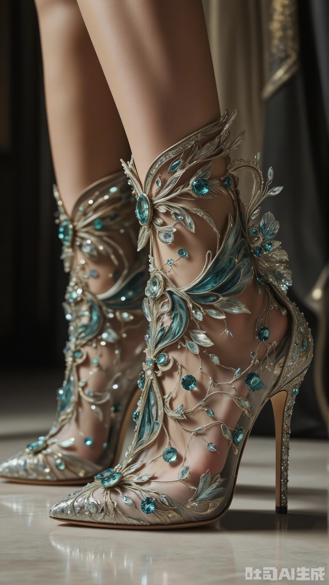 Ink Wash Painting,She stands at the threshold, crystal heels shimmering like frozen moonlight. The mesh is dotted with blue-green enamel motifs, shaped like minuscule bird wings that seem to pulse with breath. As she turns, the gems in the heels catch the chandelier’s glow, spilling teal and emerald reflections across her satin-clad calves. Her back is straight, chin tilted—every line of her silhouette a testament to the shoes’ ethereal opulence.,crystal-carved high heels