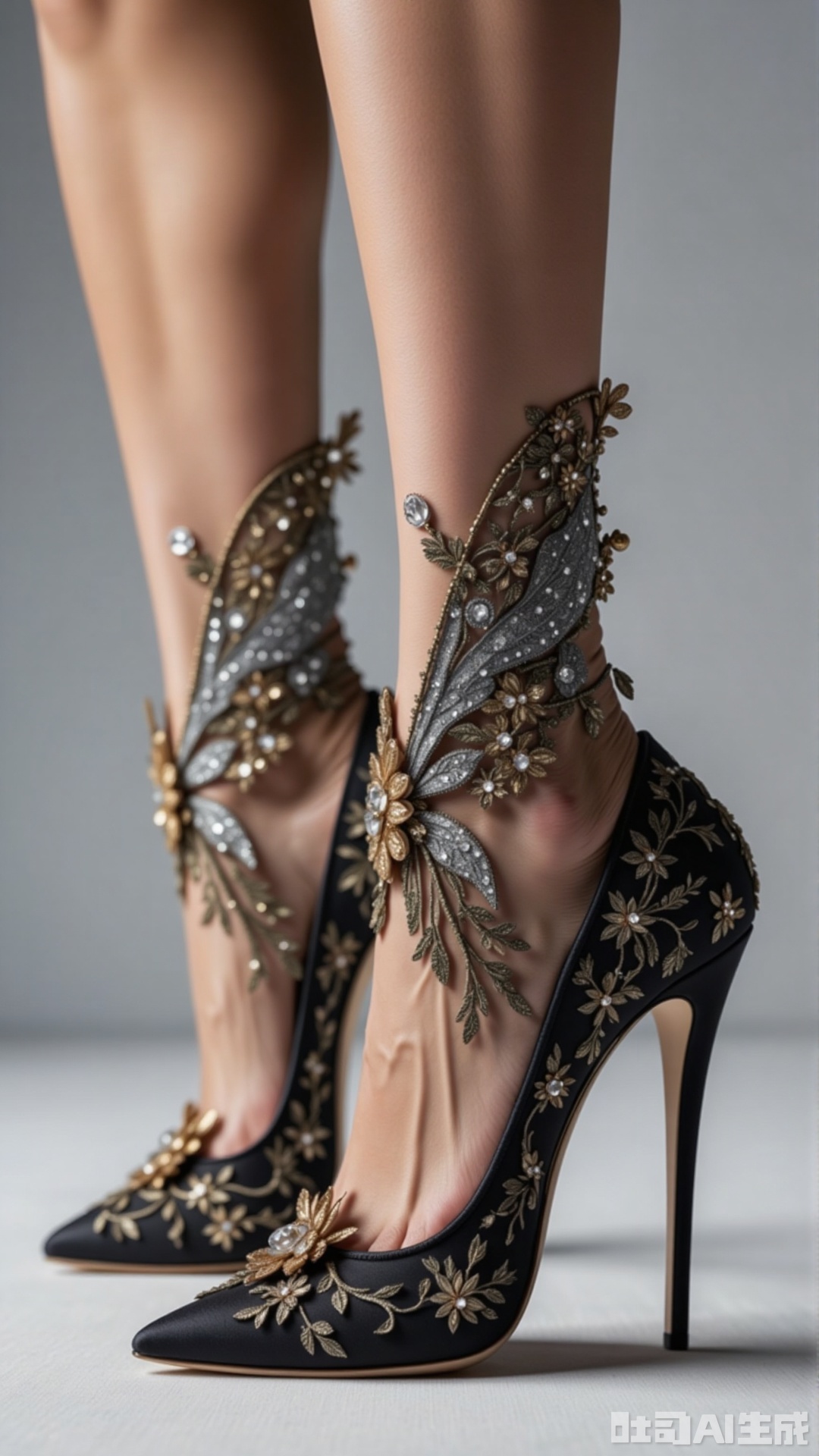 crystal-carved high heels, A lady's legs are wearing crystal - carved high heels. Black yarn embroidered with golden flowers, and gray yarn butterfly decorations are agile, mysterious and exquisite.