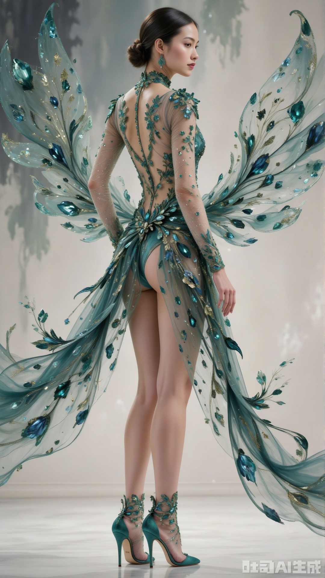 Ink Wash Painting,She stands at the threshold, crystal heels shimmering like frozen moonlight. The mesh is dotted with blue-green enamel motifs, shaped like minuscule bird wings that seem to pulse with breath. As she turns, the gems in the heels catch the chandelier’s glow, spilling teal and emerald reflections across her satin-clad calves. Her back is straight, chin tilted—every line of her silhouette a testament to the shoes’ ethereal opulence.,crystal-carved high heels