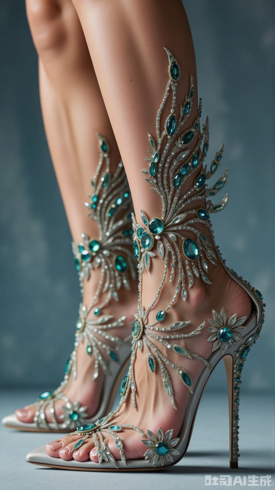 crystal-carved high heels, A lady's legs are adorned with crystal - carved high heels. Blue - green decorations on the mesh are like wings, shining brightly, interpreting dreamy luxury.