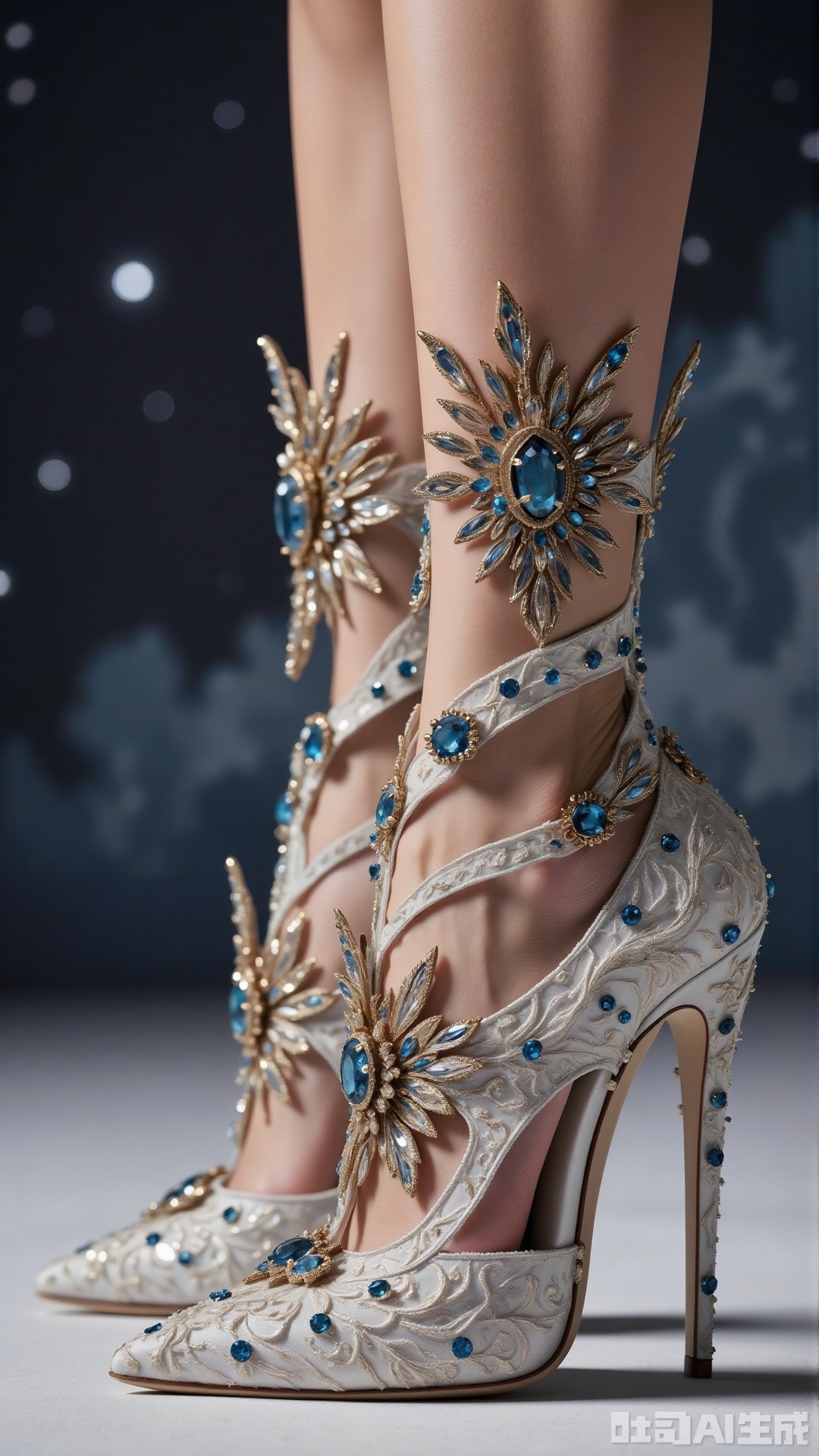 Ink Wash Painting, crystal-carved high heels, The crystal - carved high heels on a lady's legs, with white yarn adorned with sapphires and gold decorations, are like gorgeous stars in the night sky, shining brightly.