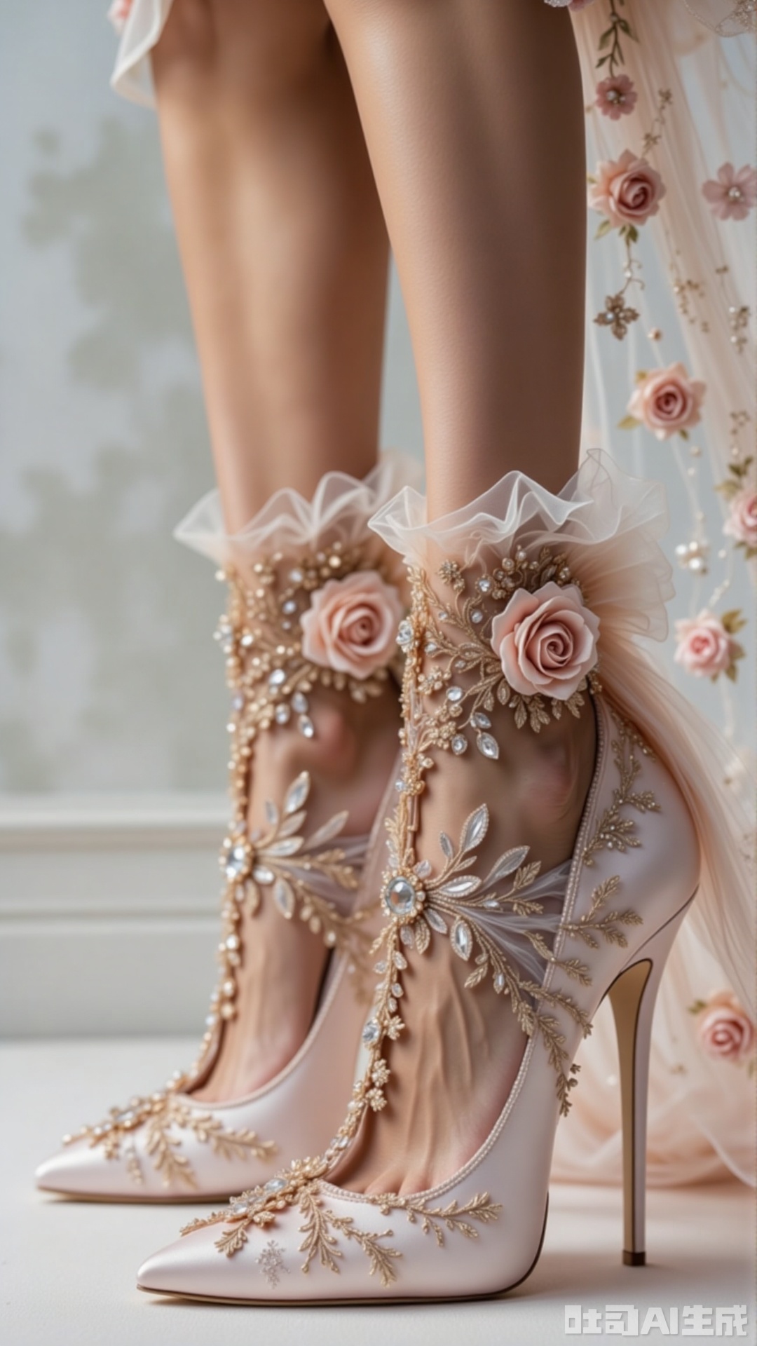 crystal-carved high heels, A lady's legs are adorned with crystal - carved high heels. white tulle paired with golden beads and pink roses, gentle and romantic, like a dreamy bridal look.