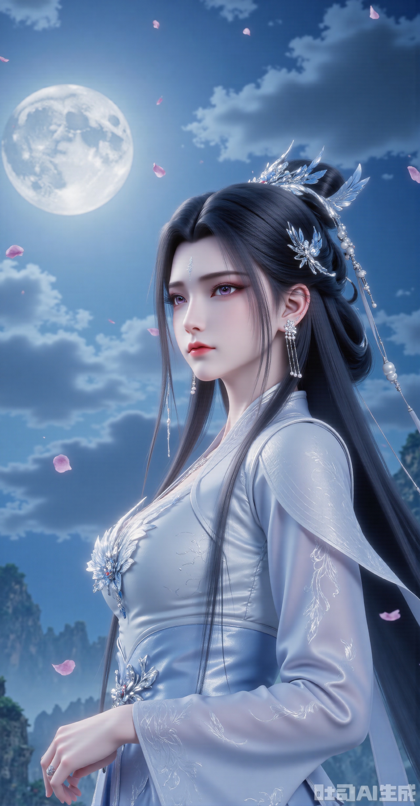 "An exquisite Chinese goddess standing under the moon, wearing a light blue hanfu with silver embroidery, delicate silver phoenix hair accessories, flowing black hair, surrounded by cherry blossom petals, misty mountain background, soft cinematic lighting, ultra-detailed textures, wuxia fantasy style, trending on ArtStation, 8K resolution --ar 16:9 --v 6.0"