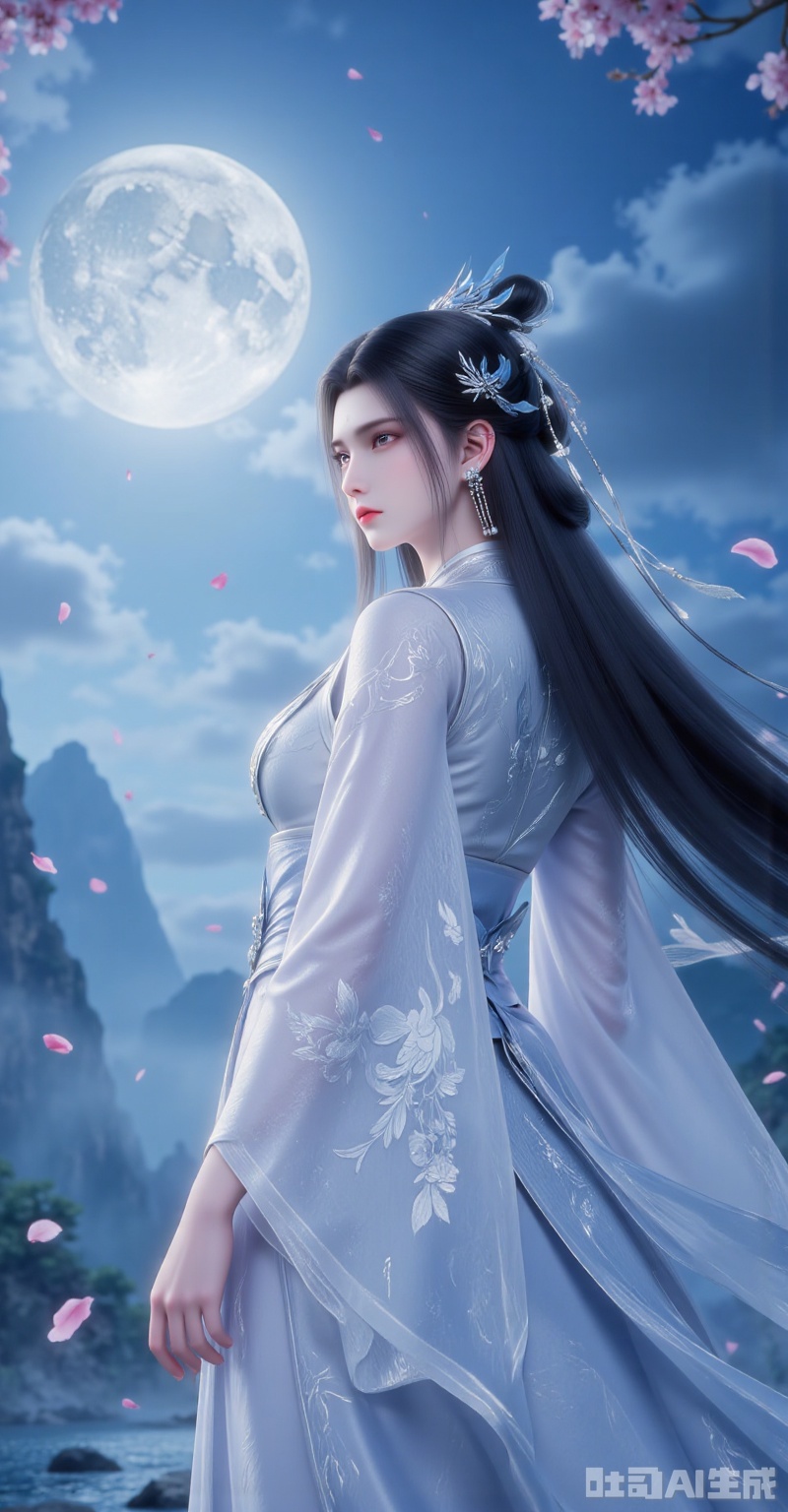"An exquisite Chinese goddess standing under the moon, wearing a light blue hanfu with silver embroidery, delicate silver phoenix hair accessories, flowing black hair, surrounded by cherry blossom petals, misty mountain background, soft cinematic lighting, ultra-detailed textures, wuxia fantasy style, trending on ArtStation, 8K resolution --ar 16:9 --v 6.0"