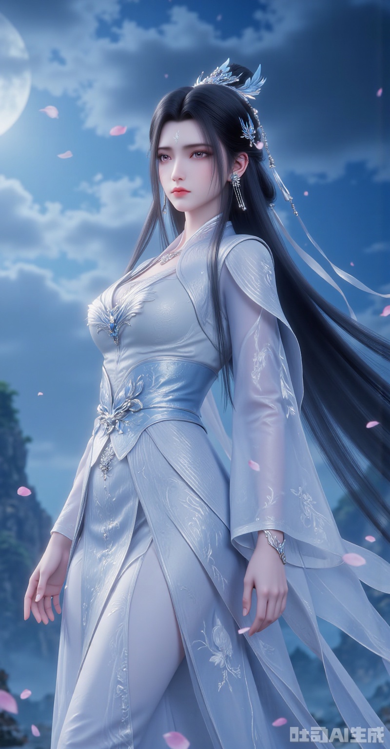 "An exquisite Chinese goddess standing under the moon, wearing a light blue hanfu with silver embroidery, delicate silver phoenix hair accessories, flowing black hair, surrounded by cherry blossom petals, misty mountain background, soft cinematic lighting, ultra-detailed textures, wuxia fantasy style, trending on ArtStation, 8K resolution --ar 16:9 --v 6.0"