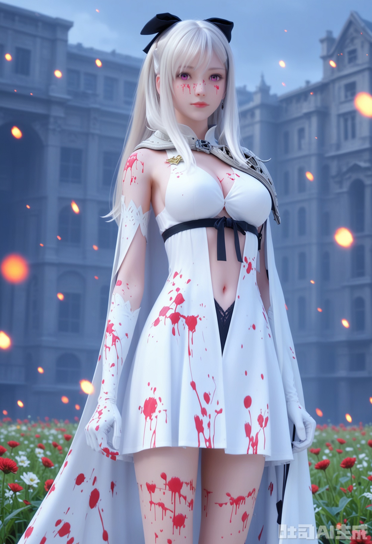 score_9,score_8_up,score_7_up,highly detailed,ultra-high best quality,masterpiece,realistic,ultra-fine painting,extreme detail description,Professional,Vivid Colors,(((extremely detailed CG unity 8k wallpaper))),an extremely delicate and beautiful,official art,sweet and delicate girl,delicate facial features,perfect bright figure,surrounded,Bright,romantic long hair,natural light,warm and sweet,a girl,((ink)), 
zero,
1girl,Zero Drakengard 3,1girl, solo, long hair, breasts, pink eyes, looking at viewer, gloves, dress, bow, navel, cleavage, white hair, hair bow, socks,white gloves, cape, white dress, clothing cutout,  black bow,((empty-handed:1.5)),
(in a meadow:1.3),(night:1.2),((perfect legs:1.2)),(large breasts:1.2),
