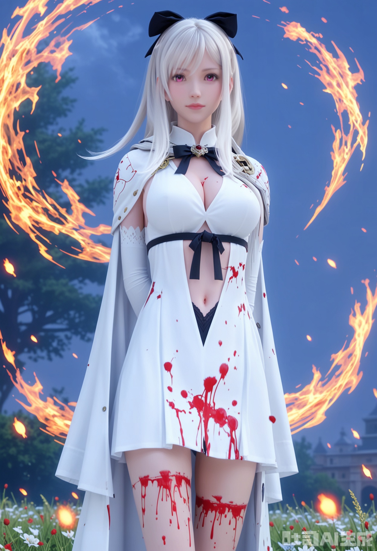 score_9,score_8_up,score_7_up,highly detailed,ultra-high best quality,masterpiece,realistic,ultra-fine painting,extreme detail description,Professional,Vivid Colors,(((extremely detailed CG unity 8k wallpaper))),an extremely delicate and beautiful,official art,sweet and delicate girl,delicate facial features,perfect bright figure,surrounded,Bright,romantic long hair,natural light,warm and sweet,a girl,((ink)), hongying,
zero,
1girl,Zero Drakengard 3,1girl, solo, long hair, breasts, pink eyes, looking at viewer, gloves, dress, bow, navel, cleavage, white hair, hair bow, socks,white gloves, cape, white dress, clothing cutout,  black bow,((arms behind back:1.3)) , 
(in a meadow:1.3),(night:1.2),((perfect legs:1.2)),(large breasts:1.2),
