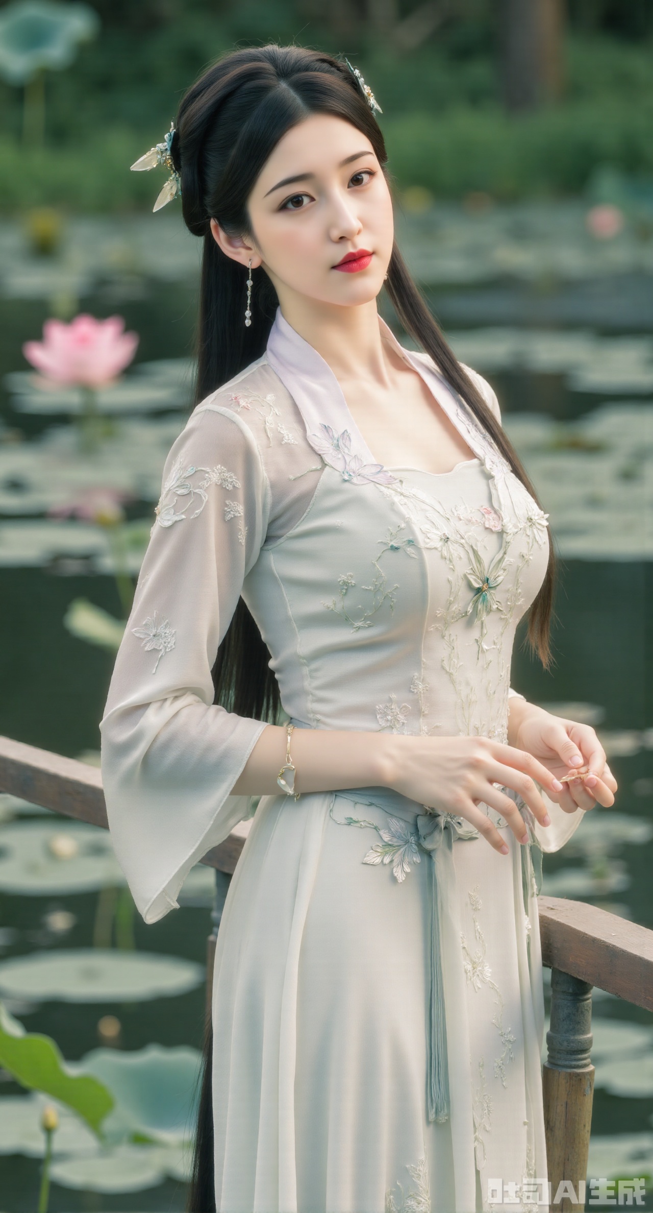 (masterpiece, best quality:1.2),1girl, navel, solo, midriff, bare shoulders, hair ornament,(long hair),(High double ponytail:1.49), red lips, BREAK, (looking at viewer:1.39), chinese clothes,(Holographic pink|green dress:1.36), (lace,Rainbow Gradient Color:1.28), BREAK,blurry, solo focus, long hair, lips, daytime, lipstick, outdoors, standing,upper body,(huge breasts:2.89), background, solo, makeup,(Liquid glass style flowers:1.49),(huge breasts:2.99),(full breasts:2.99),,(Background with lotus pond and pink lotus flowers:1.39),,Xdongjixiaofu,Xlanbaixiaofu,XkjwjlzyY,XLiquidGlass,XiPhone17Pro,Xshuilian,XzhuxianbiyaoX,XnaiqiXY,Xzihanfu,Xzhiguangxishiyouxihuafei,Xqiyaoruqunhanfu