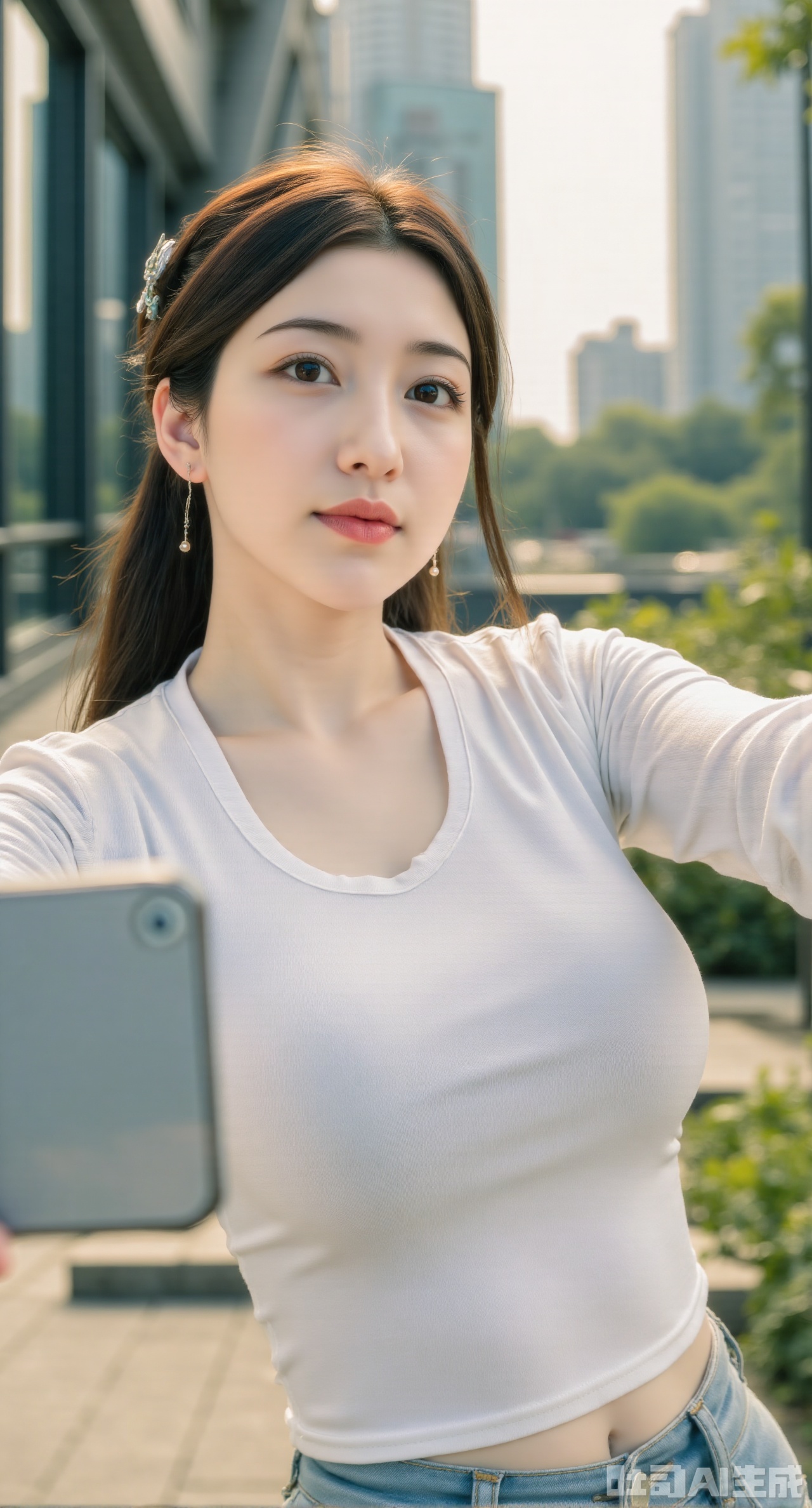  (masterpiece, best quality:1.2),Casual smartphone snap, busty beauty in crew-neck white tee and high-waist jeans, natural smile selfie, glass building and trees blurred in background, warm sunlight.(huge breasts:2.99),(full breasts:2.99),Xdongjixiaofu,Xlanbaixiaofu,XkjwjlzyY,XLiquidGlass,XiPhone17Pro,Xshuilian,XzhuxianbiyaoX,XnaiqiXY,Xzihanfu,Xzhiguangxishiyouxihuafei,Xqiyaoruqunhanfu