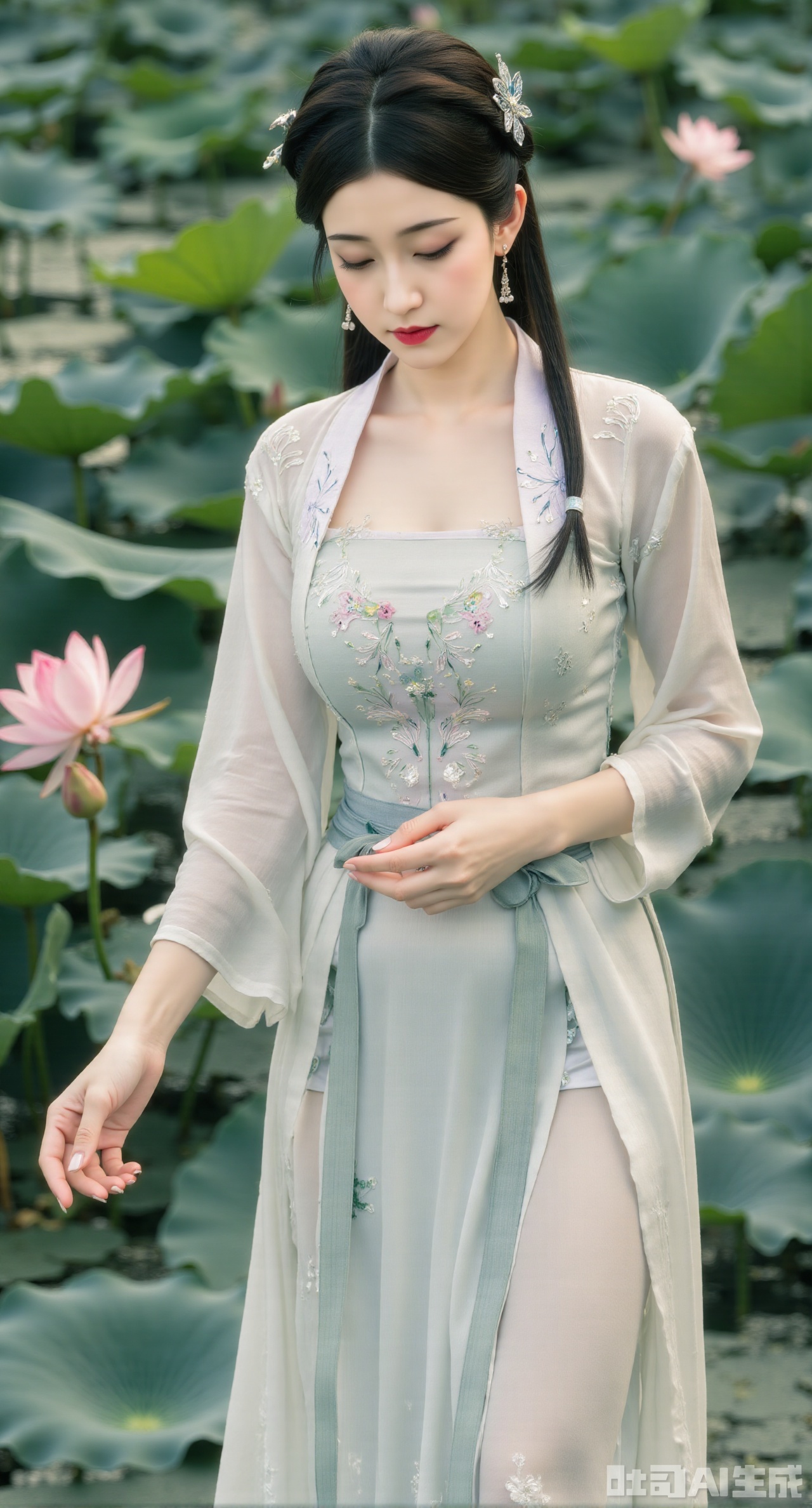 (masterpiece, best quality:1.2),1girl, navel, solo, midriff, bare shoulders, hair ornament,(long hair),(High double ponytail:1.49), red lips, BREAK, (looking at viewer:1.39), chinese clothes,(Holographic pink|green dress:1.36), (lace,Rainbow Gradient Color:1.28), BREAK,blurry, solo focus, long hair, lips, daytime, lipstick, outdoors, standing,upper body,(huge breasts:2.89), background, solo, makeup,(Liquid glass style flowers:1.49),(huge breasts:2.99),(full breasts:2.99),,(Background with lotus pond and pink lotus flowers:1.39),,Xdongjixiaofu,Xlanbaixiaofu,XkjwjlzyY,XLiquidGlass,XiPhone17Pro,Xshuilian,XzhuxianbiyaoX,XnaiqiXY,Xzihanfu,Xzhiguangxishiyouxihuafei,Xqiyaoruqunhanfu