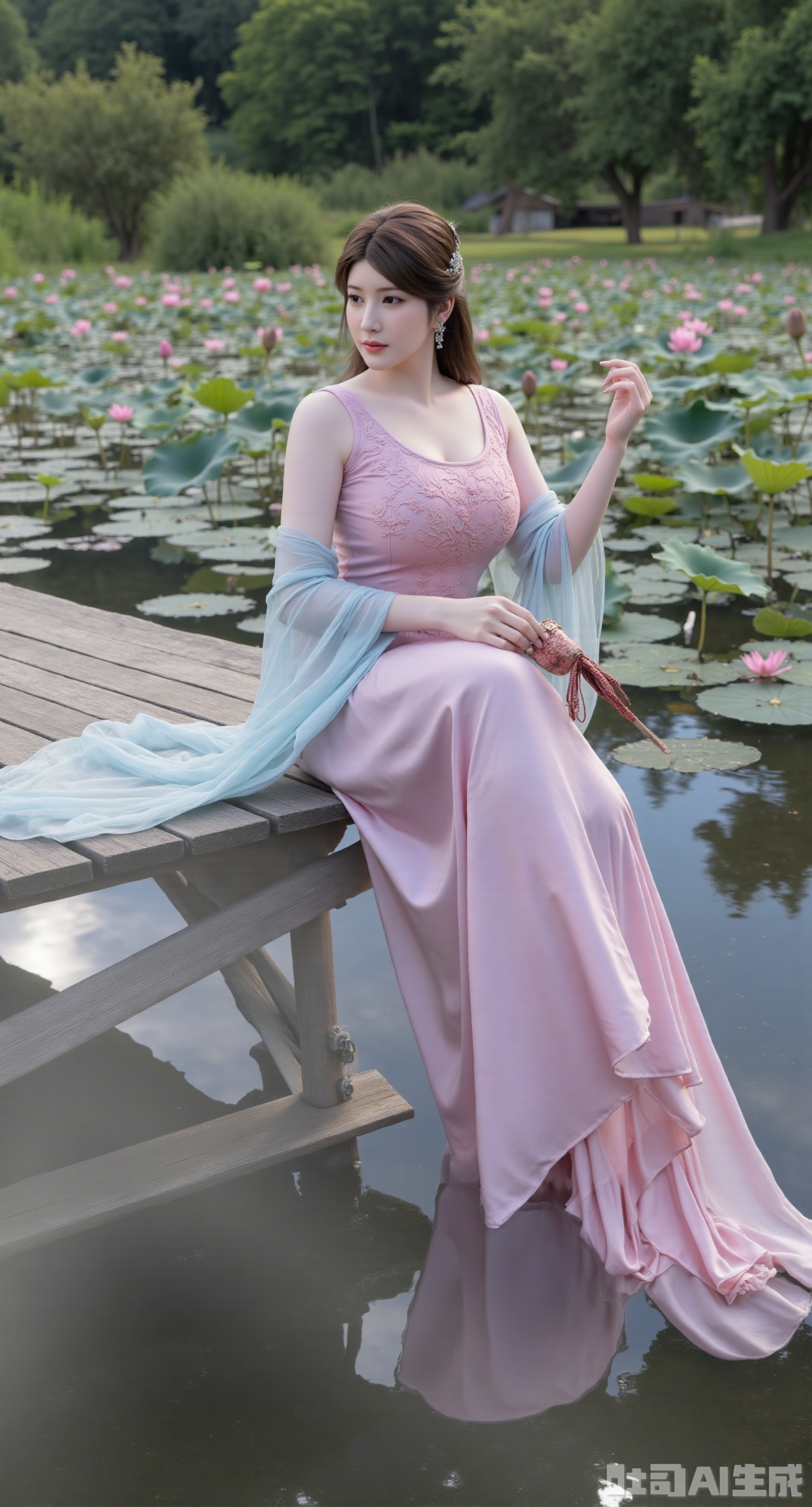 (masterpiece:1.2),best quality,(UE5.5,rendered with Unreal Engine 5,Unreal Engine 5,CG rendering:1.1), An elegant beauty dons a lotus-pink quju dress embroidered with twin lotus flowers, draped in a light blue sheer shawl. Sitting on a wooden platform by the water, she plays the guqin. Her reflection shimmers on the water below, and behind her lies a lotus pond in full bloom. Morning light gilds her hair. Fine embroidery stitches, refractive effect of translucent fabric, ripples and reflections on the water, soft morning light diffusion, draping effect of silk fabric, Chinese-style illustration style.,(huge breasts:2.99), (full breasts:2.99),,Xdongjixiaofu,Xlanbaixiaofu,XkjwjlzyY,XLiquidGlass,XiPhone17Pro,Xshuilian,XzhuxianbiyaoX,XnaiqiXY,Xzihanfu,Xzhiguangxishiyouxihuafei,Xqiyaoruqunhanfu
