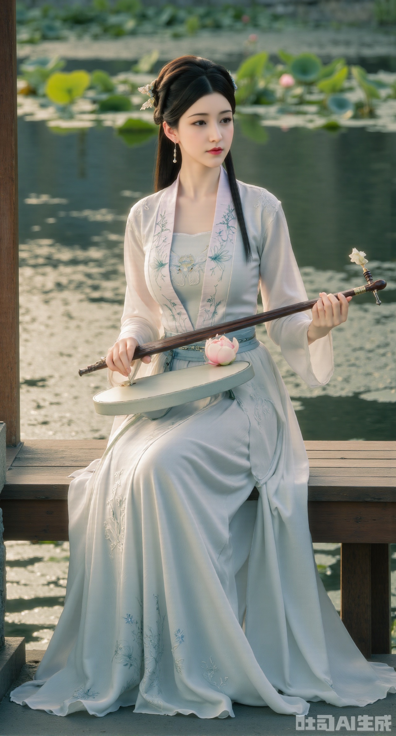(masterpiece:1.2),best quality,(UE5.5,rendered with Unreal Engine 5,Unreal Engine 5,CG rendering:1.1), An elegant beauty dons a lotus-pink quju dress embroidered with twin lotus flowers, draped in a light blue sheer shawl. Sitting on a wooden platform by the water, she plays the guqin. Her reflection shimmers on the water below, and behind her lies a lotus pond in full bloom. Morning light gilds her hair. Fine embroidery stitches, refractive effect of translucent fabric, ripples and reflections on the water, soft morning light diffusion, draping effect of silk fabric, Chinese-style illustration style.,(huge breasts:2.99), (full breasts:2.99),,Xdongjixiaofu,Xlanbaixiaofu,XkjwjlzyY,XLiquidGlass,XiPhone17Pro,Xshuilian,XzhuxianbiyaoX,XnaiqiXY,Xzihanfu,Xzhiguangxishiyouxihuafei,Xqiyaoruqunhanfu