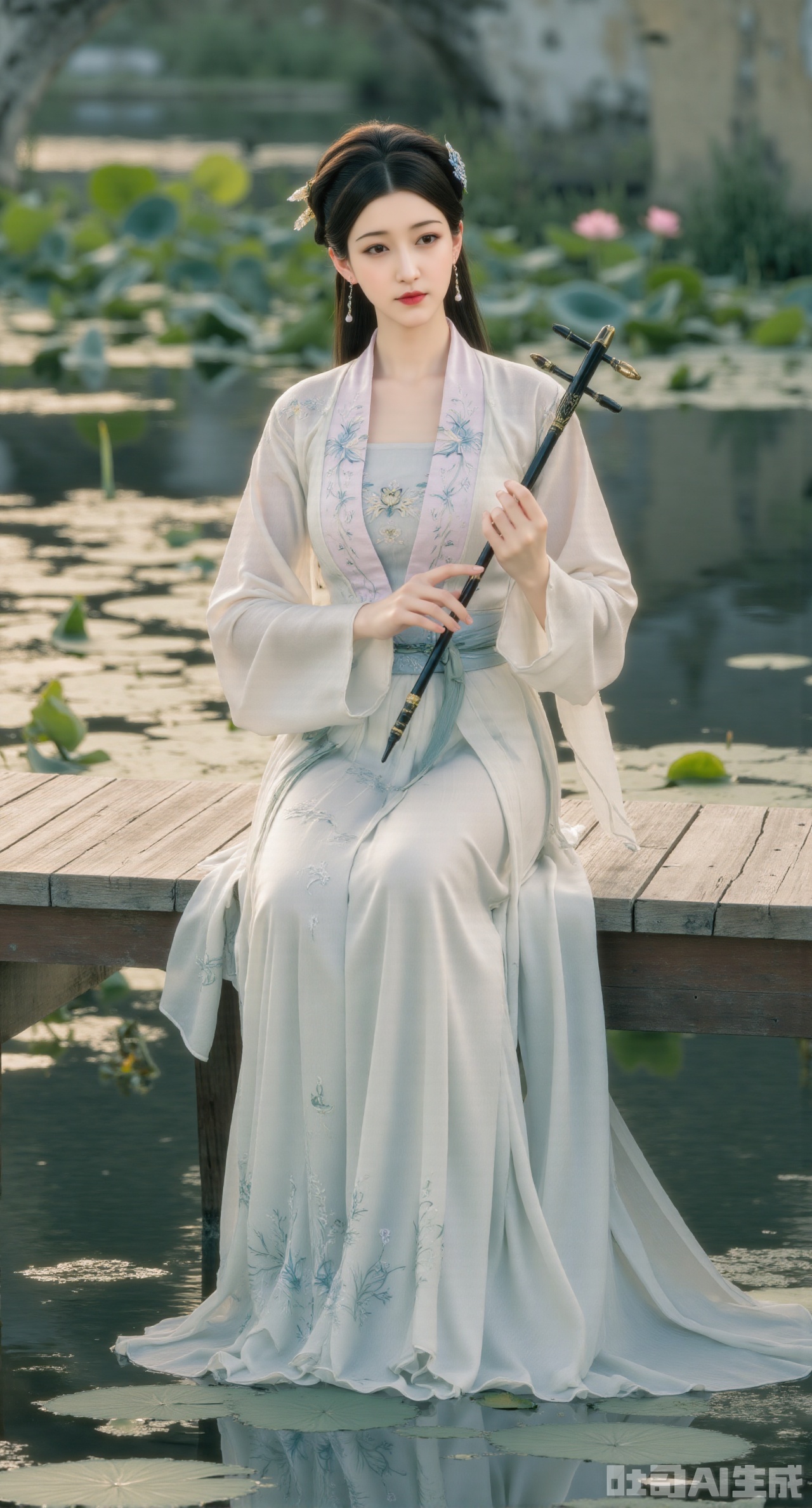 (masterpiece:1.2),best quality,(UE5.5,rendered with Unreal Engine 5,Unreal Engine 5,CG rendering:1.1), An elegant beauty dons a lotus-pink quju dress embroidered with twin lotus flowers, draped in a light blue sheer shawl. Sitting on a wooden platform by the water, she plays the guqin. Her reflection shimmers on the water below, and behind her lies a lotus pond in full bloom. Morning light gilds her hair. Fine embroidery stitches, refractive effect of translucent fabric, ripples and reflections on the water, soft morning light diffusion, draping effect of silk fabric, Chinese-style illustration style.,(huge breasts:2.99), (full breasts:2.99),,Xdongjixiaofu,Xlanbaixiaofu,XkjwjlzyY,XLiquidGlass,XiPhone17Pro,Xshuilian,XzhuxianbiyaoX,XnaiqiXY,Xzihanfu,Xzhiguangxishiyouxihuafei,Xqiyaoruqunhanfu