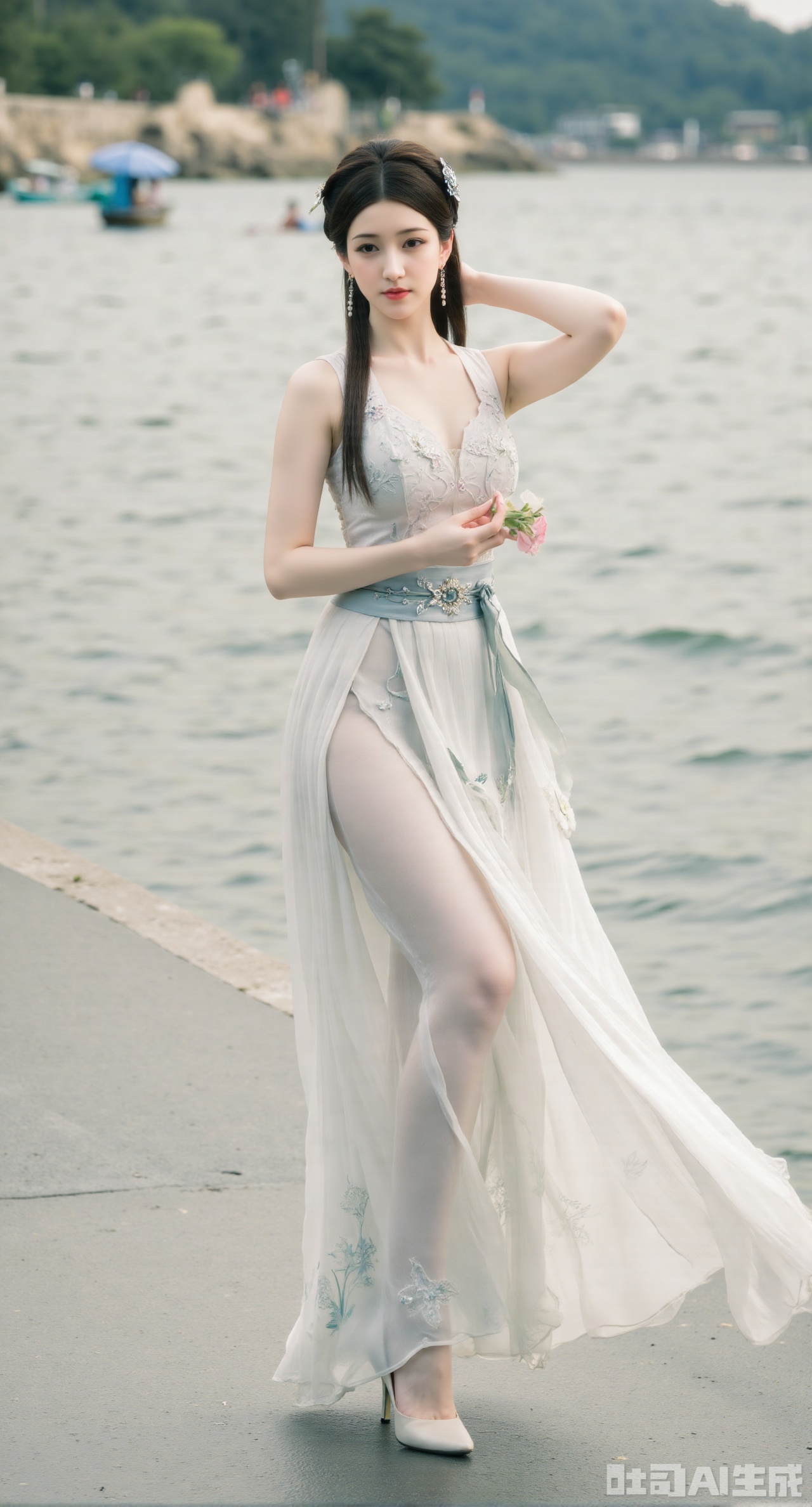 (masterpiece, best quality:1.2),1girl,solo,standing,(huge breasts:2.69),(full breasts:2.59),,looking at viewer,(cowboy_shot:1.1),long hair,high heels,blurry background,depth of field,motion blur,long dress,china_dress,chinese_style,bare shouders,crystal_earrings,headpiece,hair_tie,chest_jewel,gem,necklace,jewelry,in summer,day,outdoors,nature,sea,(rose,beach:1.49),(huge breasts:2.99),(full breasts:2.99),(very long legs,Diamond-studded high heels:1.5),Xdongjixiaofu,Xlanbaixiaofu,XkjwjlzyY,XLiquidGlass,XiPhone17Pro,Xshuilian,XzhuxianbiyaoX,XnaiqiXY,Xzihanfu,Xzhiguangxishiyouxihuafei,Xqiyaoruqunhanfu
