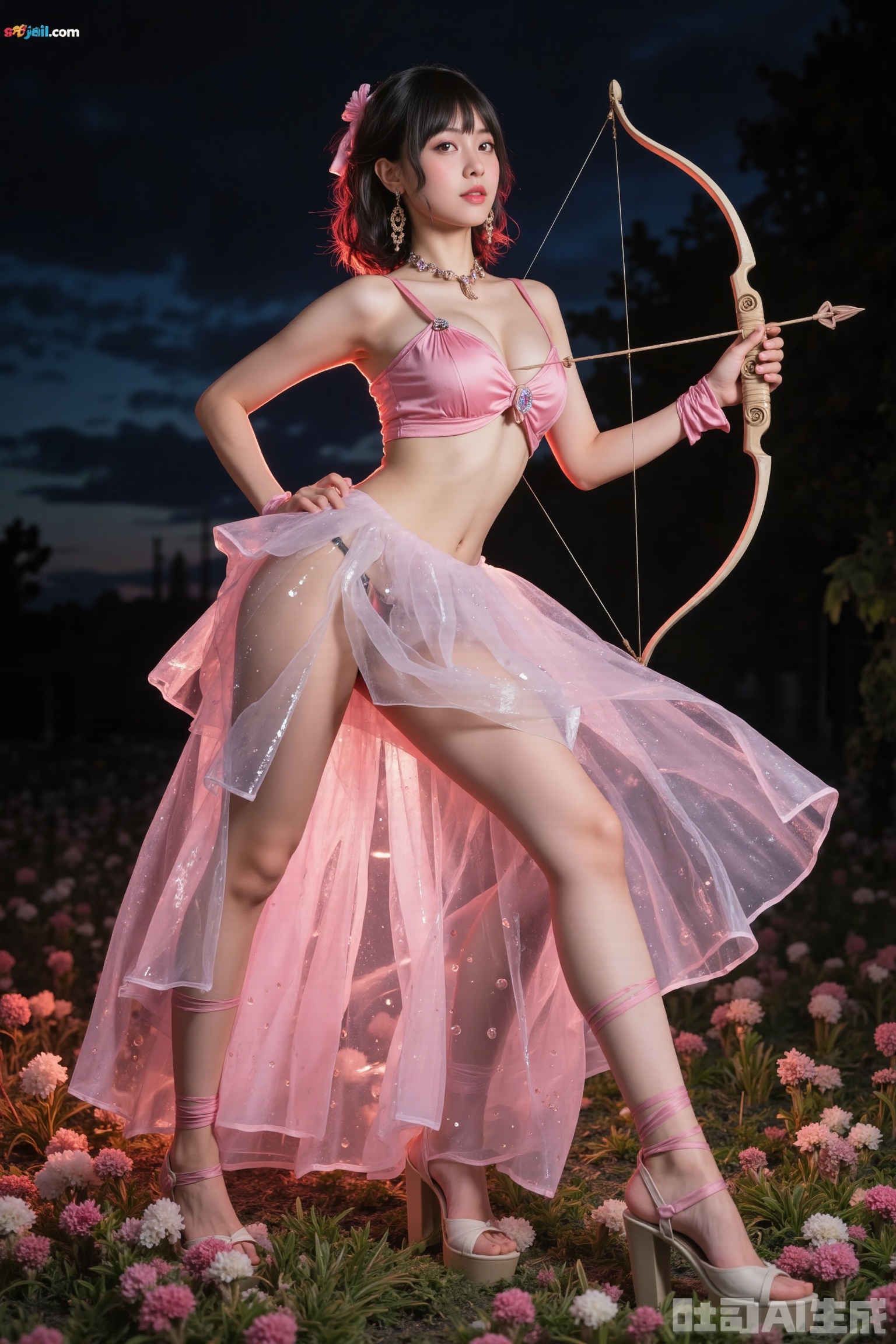 3. Dark brown curls frame her face, with a pink gemstone hair chain adding a touch of sparkle to the side that’s swept back. As she readies her pale - wood longbow, wrapped in pink suede, her legs are on full display. The semi - transparent pink tulle skirt billows around her, revealing every contour of her long, statuesque legs. In the meadow, bathed in moonlight, the wild pink clover forms a natural carpet at her feet, but her legs are the true centerpiece. The soft pink fletching of the arrow in her hand echoes the color of her lips and eyeshadow, yet it’s the way her legs hold her in perfect balance, strong and elegant, that truly captivates.low angle shoot