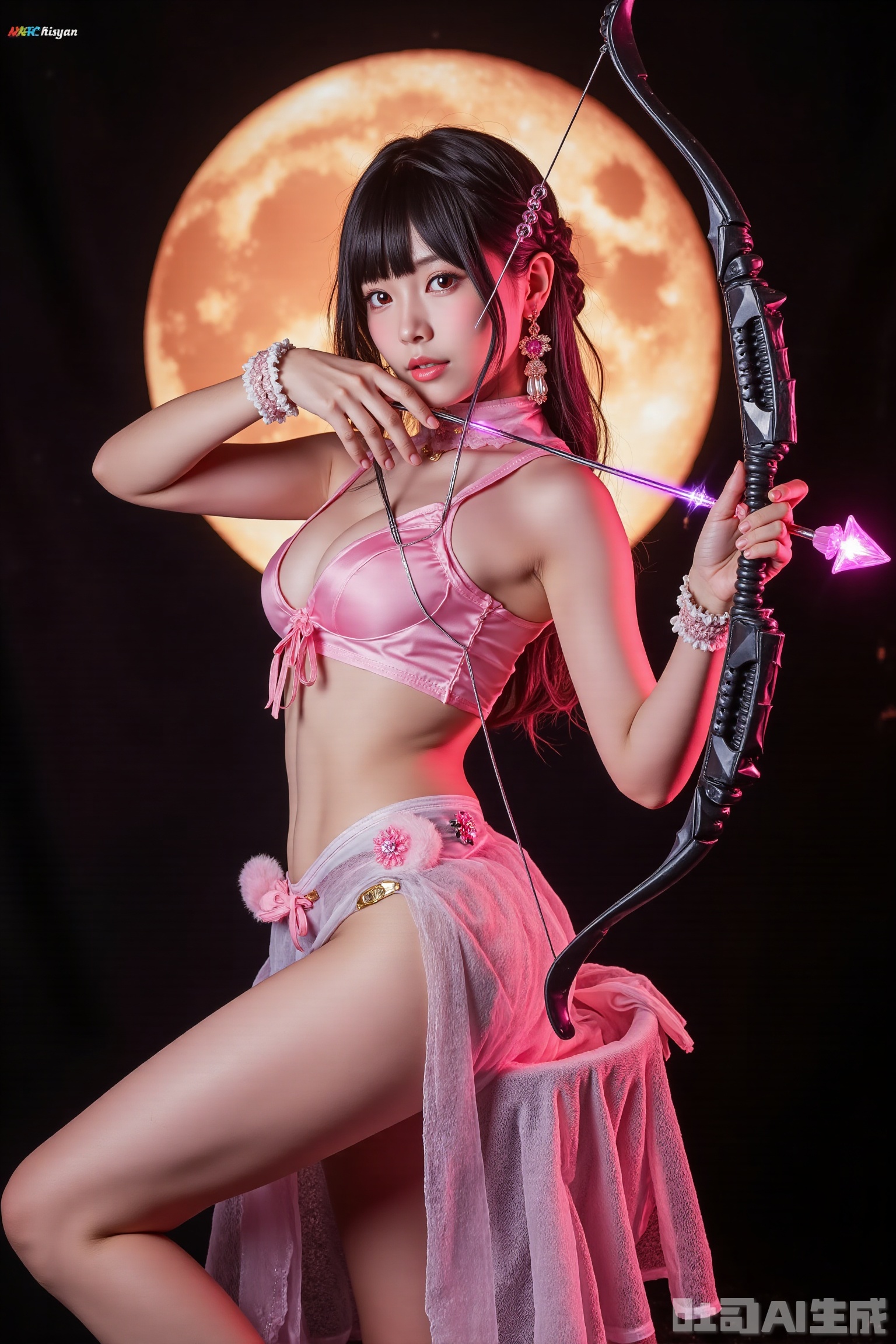 High-contrast full-body shot of a girl mid-pivot, drawing back a雕花短弓(carved short bow) strung with a pink幽光arrow—its tip glows like a ripe cherry, pulsing with light. She wears a pink satin crop top, its neckline plunging gently, paired with a high-waisted pink mesh skirt that falls in sheer layers to mid-thigh, the fabric so thin it barely hides the curve of her hips and the tops of her legs. Her shoes are white ankle-strap sandals with a pink gem at the buckle, the straps crossing over her feet and up her ankles, leaving her legs—pale as milk—completely bare, save for a delicate pink beaded chain winding from her left ankle to mid-calf.
 
Her hair is thick棕黑色, half shaved close to her scalp, the longer side styled into loose, messy waves with a few strands tucked behind her ear, revealing a small pink crystal ear cuff. The bow’s pink glow spills over her legs, making her skin look luminous against the mesh, while the background is stark: a colossal golden full moon hangs in a blank sky, its light turning her legs into a soft, glowing contrast to the dark mesh. Her lips are painted soft pink, and her eyes are lined with subtle pink shadow, making her look both ethereal and sharp—like a rose with thorns, her legs the most striking bloom