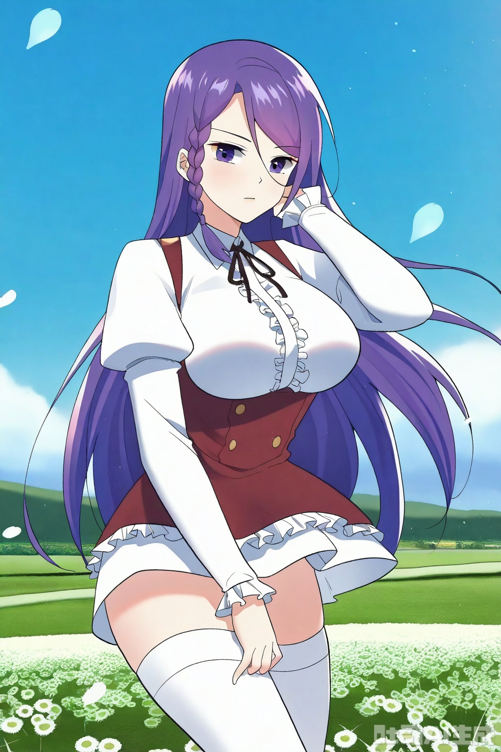 1girl, solo, long hair, breasts, looking at viewer, large breasts, shirt, long sleeves, purple eyes, purple hair, braid, frills, puffy sleeves, side braid, 



Thigh exposed,thighhighs,looking at viewer,in a meadow,in a meadow,