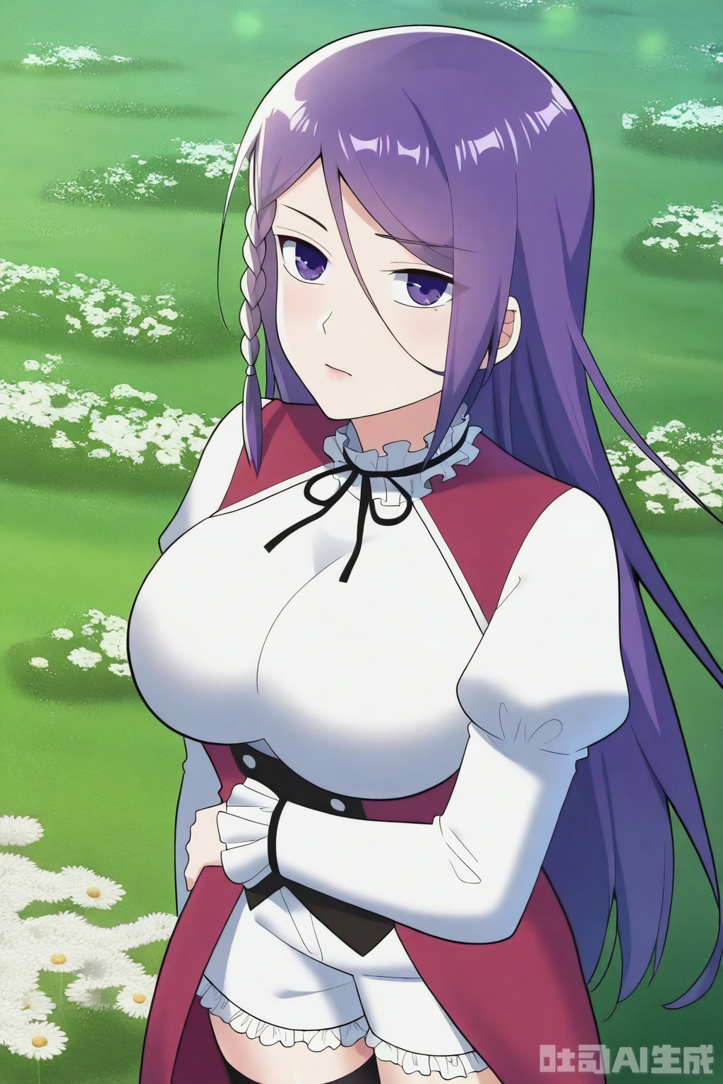 1girl, solo, long hair, breasts, looking at viewer, large breasts, shirt, long sleeves, purple eyes, purple hair, braid, frills, puffy sleeves, side braid, 



Thigh exposed,thighhighs,looking at viewer,in a meadow,in a meadow,