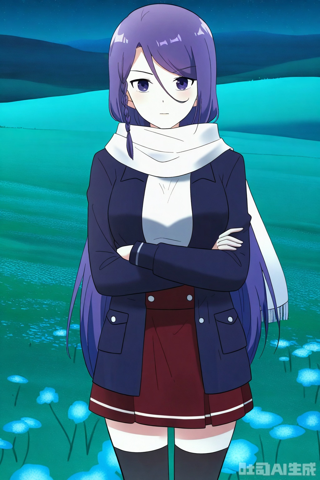 1girl, solo, long hair, looking at viewer,  skirt, very long hair, purple eyes, jacket, purple hair, braid, scarf, side braid, white scarf,



Thigh exposed,thighhighs,looking at viewer,in a meadow,in a meadow,