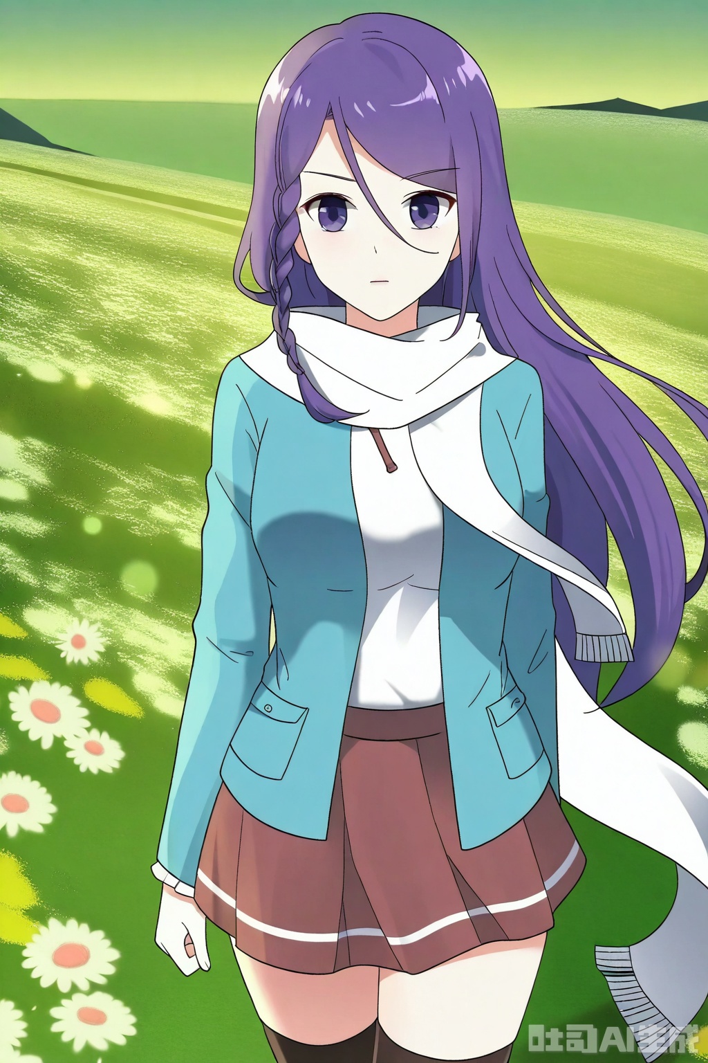 1girl, solo, long hair, looking at viewer,  skirt, very long hair, purple eyes, jacket, purple hair, braid, scarf, side braid, white scarf,



Thigh exposed,thighhighs,looking at viewer,in a meadow,in a meadow,