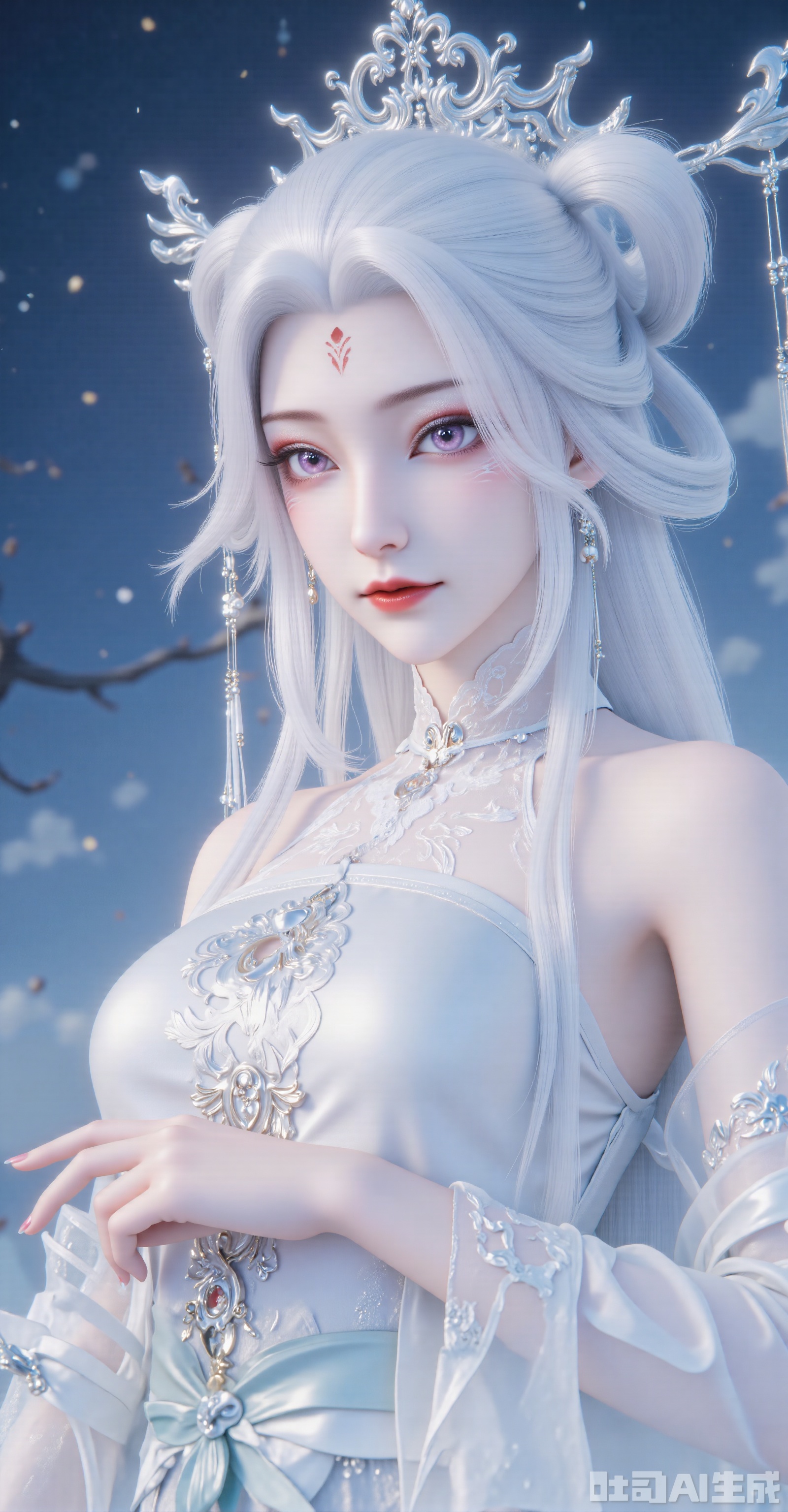 (Theme and Composition)
"Half-face close-up of an ancient-style beauty with minimalist composition, focusing on the face, 45-degree side profile, white long hair gently fluttering in the wind."
 
(Facial Details)
"Porcelain-like delicate skin, deep purple peach-blossom eyes with long eyelashes, naturally rosy lips, slender willow-leaf eyebrows, and a silver tassel forehead ornament falling to the center of the brow."
 
(Clothing and Colors)
"Light cyan silk ruqun (cross-collar robe and skirt) with hidden cloud-crane patterns embroidered on the collar, cool-toned color scheme, and fabric texture as clear as moonlight."
 
(Background and Atmosphere)
"Dark blue starry sky background with scattered starlight particles, hazy halo effect, overall cool-toned lighting, and a new Chinese-style dreamy immortal-fantasy aesthetic."
 
(Painting Style and Quality)
"Ultra-high-definition 8K rendering, CG-style thick painting technique, soft-focus lens effect, blending the styles of Wlop and Mianlang, with rich light and shadow layers."