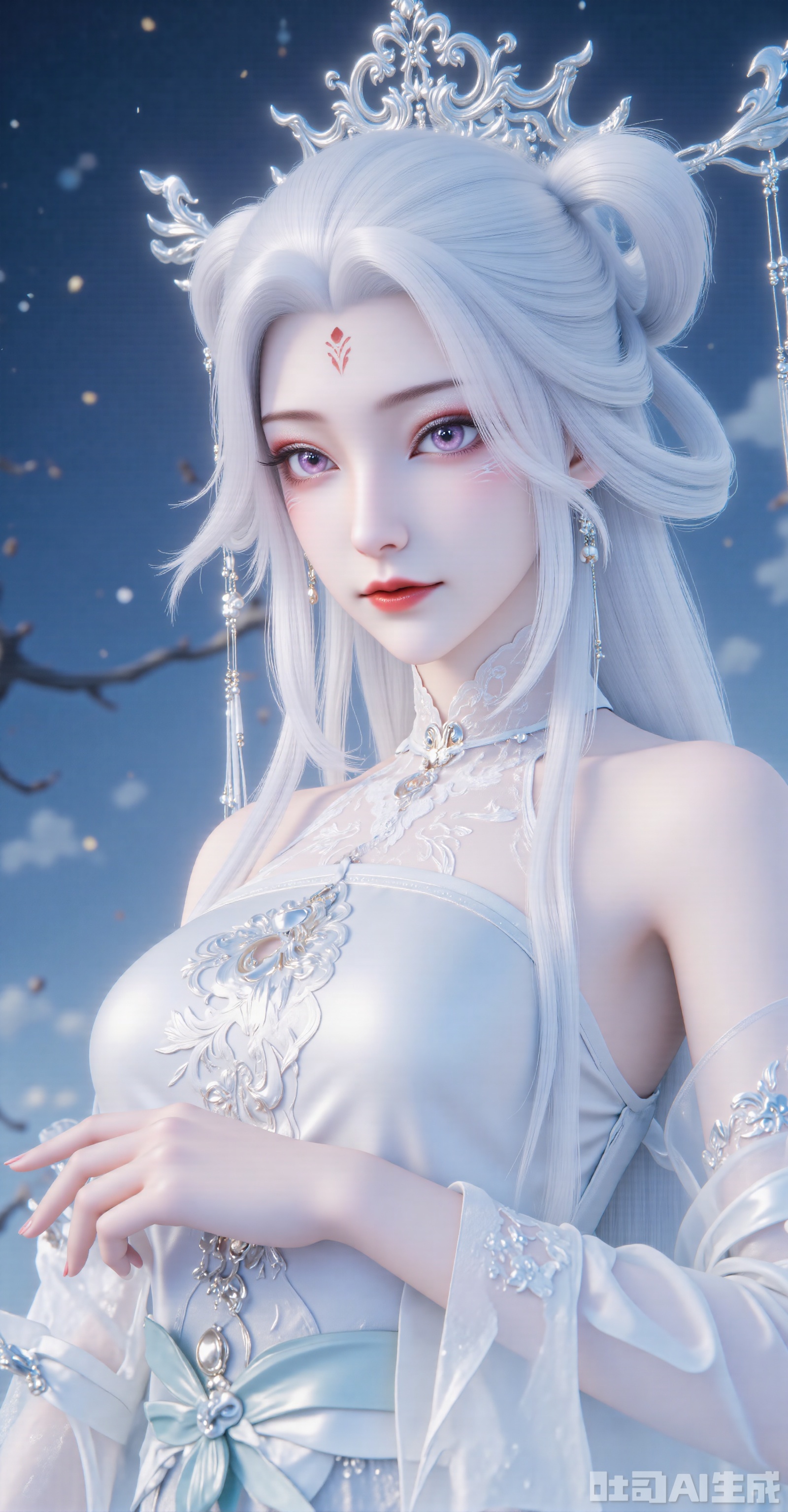 (Theme and Composition)
"Half-face close-up of an ancient-style beauty with minimalist composition, focusing on the face, 45-degree side profile, white long hair gently fluttering in the wind."
 
(Facial Details)
"Porcelain-like delicate skin, deep purple peach-blossom eyes with long eyelashes, naturally rosy lips, slender willow-leaf eyebrows, and a silver tassel forehead ornament falling to the center of the brow."
 
(Clothing and Colors)
"Light cyan silk ruqun (cross-collar robe and skirt) with hidden cloud-crane patterns embroidered on the collar, cool-toned color scheme, and fabric texture as clear as moonlight."
 
(Background and Atmosphere)
"Dark blue starry sky background with scattered starlight particles, hazy halo effect, overall cool-toned lighting, and a new Chinese-style dreamy immortal-fantasy aesthetic."
 
(Painting Style and Quality)
"Ultra-high-definition 8K rendering, CG-style thick painting technique, soft-focus lens effect, blending the styles of Wlop and Mianlang, with rich light and shadow layers."