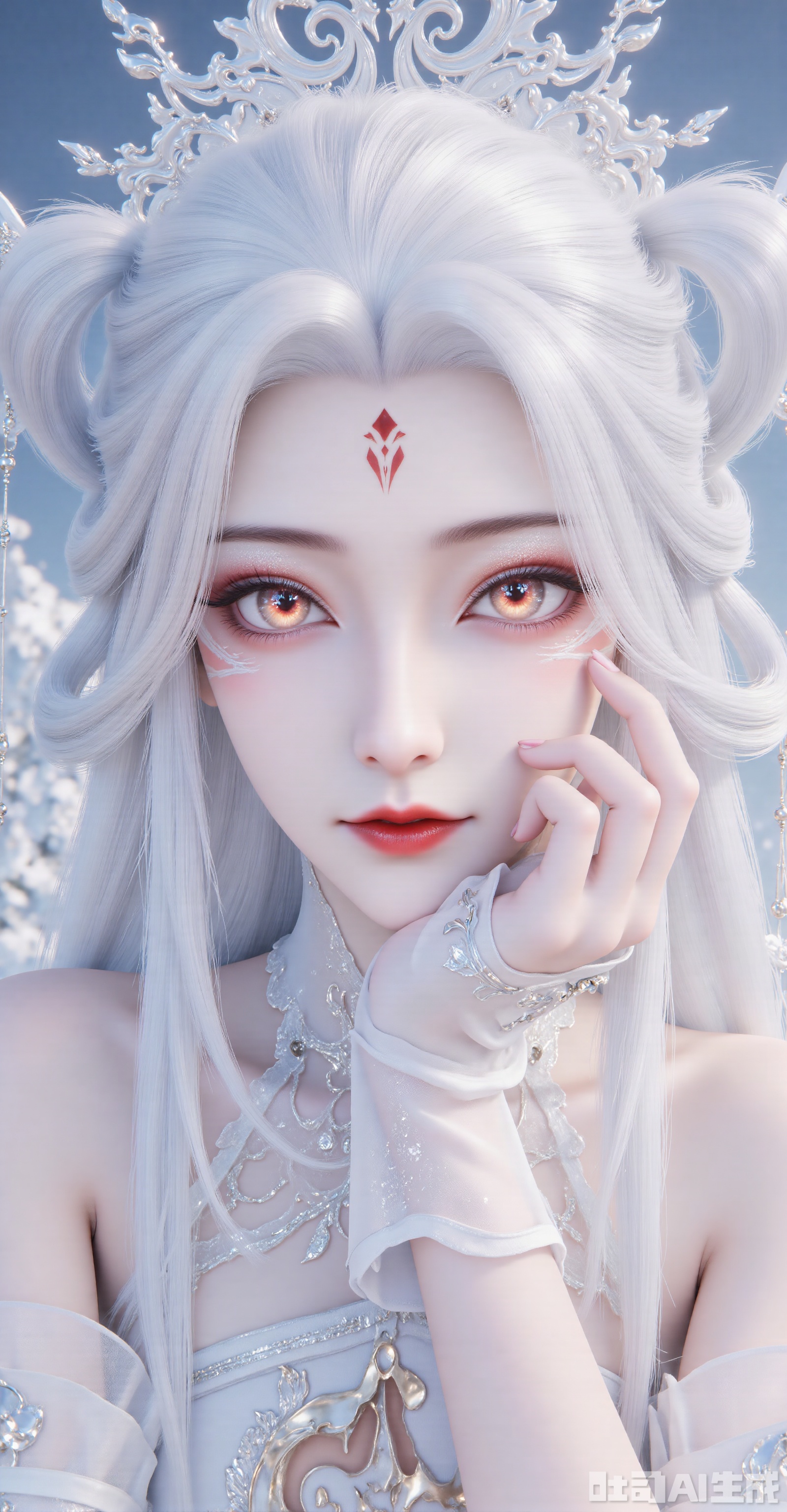 (solo focus:1.3), celestial maiden with liquid silver hair (waist-length), semi-transparent snow veil hair ribbon, crimson diamond mark glowing with dim light. Vermilion phoenix eye makeup with amber vitreous pupils, frost-crystal eyelashes. Right hand resting on cheek wearing silver ice-flower finger armor. Moonbeam mermaid silk dress with faint Big Dipper embroidery, silver plum-blossom branch cuffs. "Azure-Snow" gradient background with cryo-fog and snowflakes, nephrite jade subsurface scattering skin. (hyper-detailed:1.5)