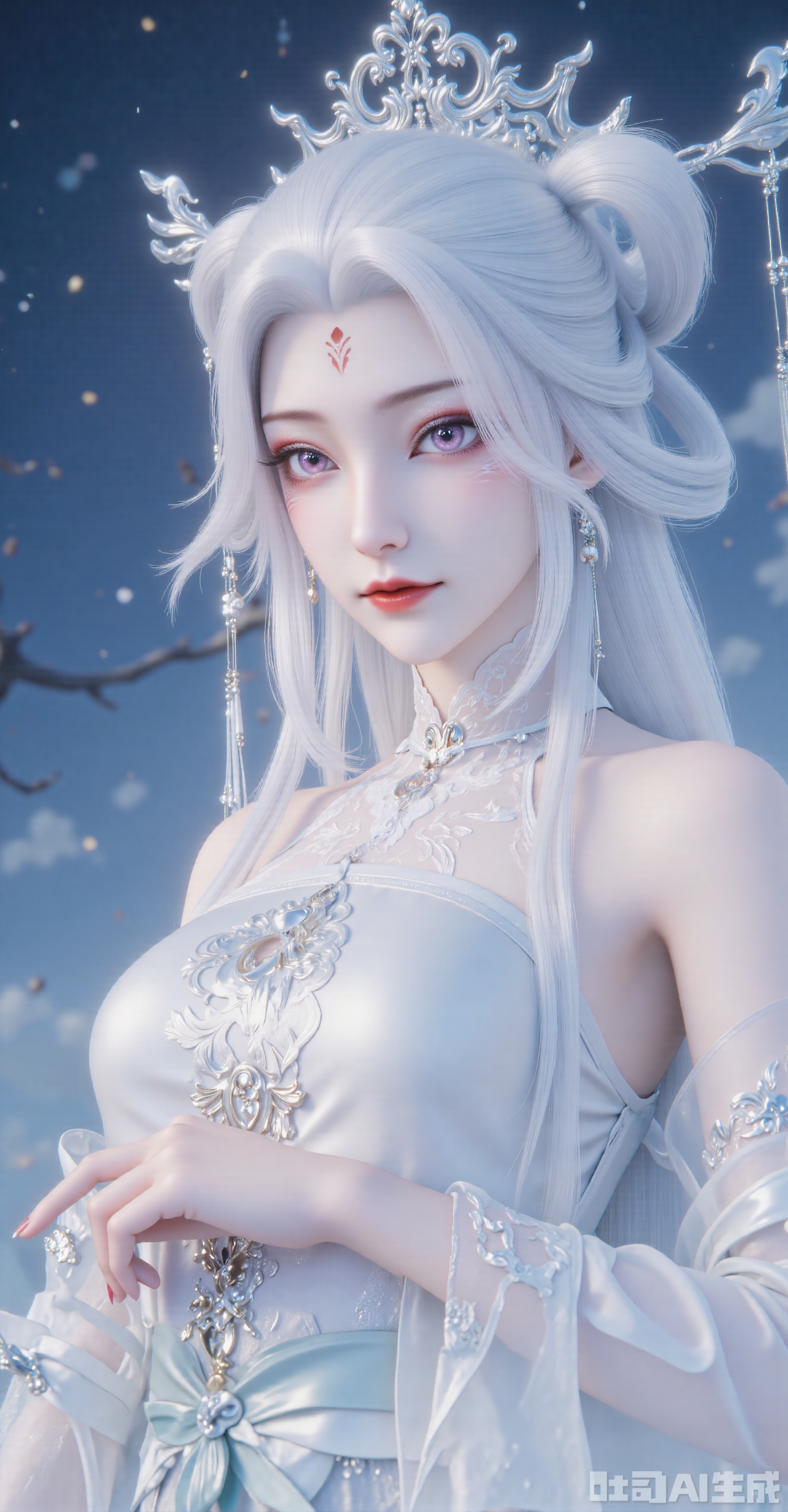 (Theme and Composition)
"Half-face close-up of an ancient-style beauty with minimalist composition, focusing on the face, 45-degree side profile, white long hair gently fluttering in the wind."
 
(Facial Details)
"Porcelain-like delicate skin, deep purple peach-blossom eyes with long eyelashes, naturally rosy lips, slender willow-leaf eyebrows, and a silver tassel forehead ornament falling to the center of the brow."
 
(Clothing and Colors)
"Light cyan silk ruqun (cross-collar robe and skirt) with hidden cloud-crane patterns embroidered on the collar, cool-toned color scheme, and fabric texture as clear as moonlight."
 
(Background and Atmosphere)
"Dark blue starry sky background with scattered starlight particles, hazy halo effect, overall cool-toned lighting, and a new Chinese-style dreamy immortal-fantasy aesthetic."
 
(Painting Style and Quality)
"Ultra-high-definition 8K rendering, CG-style thick painting technique, soft-focus lens effect, blending the styles of Wlop and Mianlang, with rich light and shadow layers."