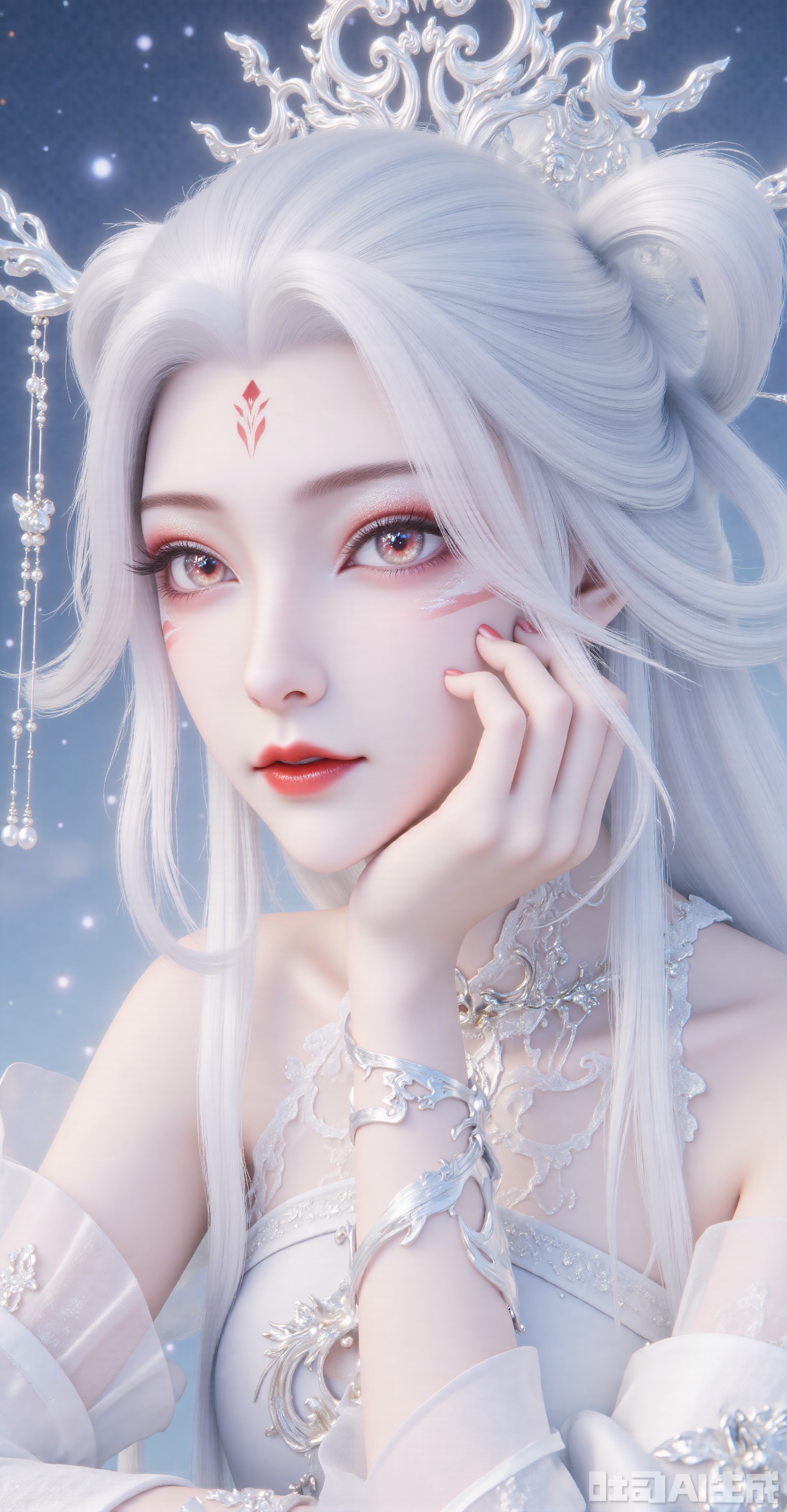 "Ethereal Immortal" with liquid mercury-like silver hair flowing with pearl sheen, crimson diamond mark between eyebrows, phoenix-tail red eye makeup. Amber irises with vitreous glow, resting cheek on hand adorned with silver filigree finger armor. Translucent white gauze hanfu with constellation patterns, wing-shaped silver thread cuffs. Misty blue gradient background with aurora particles. Jade-like subsurface scattering skin, strand-accurate hair rendering, neo-Chinese cyber xianxia aesthetic.