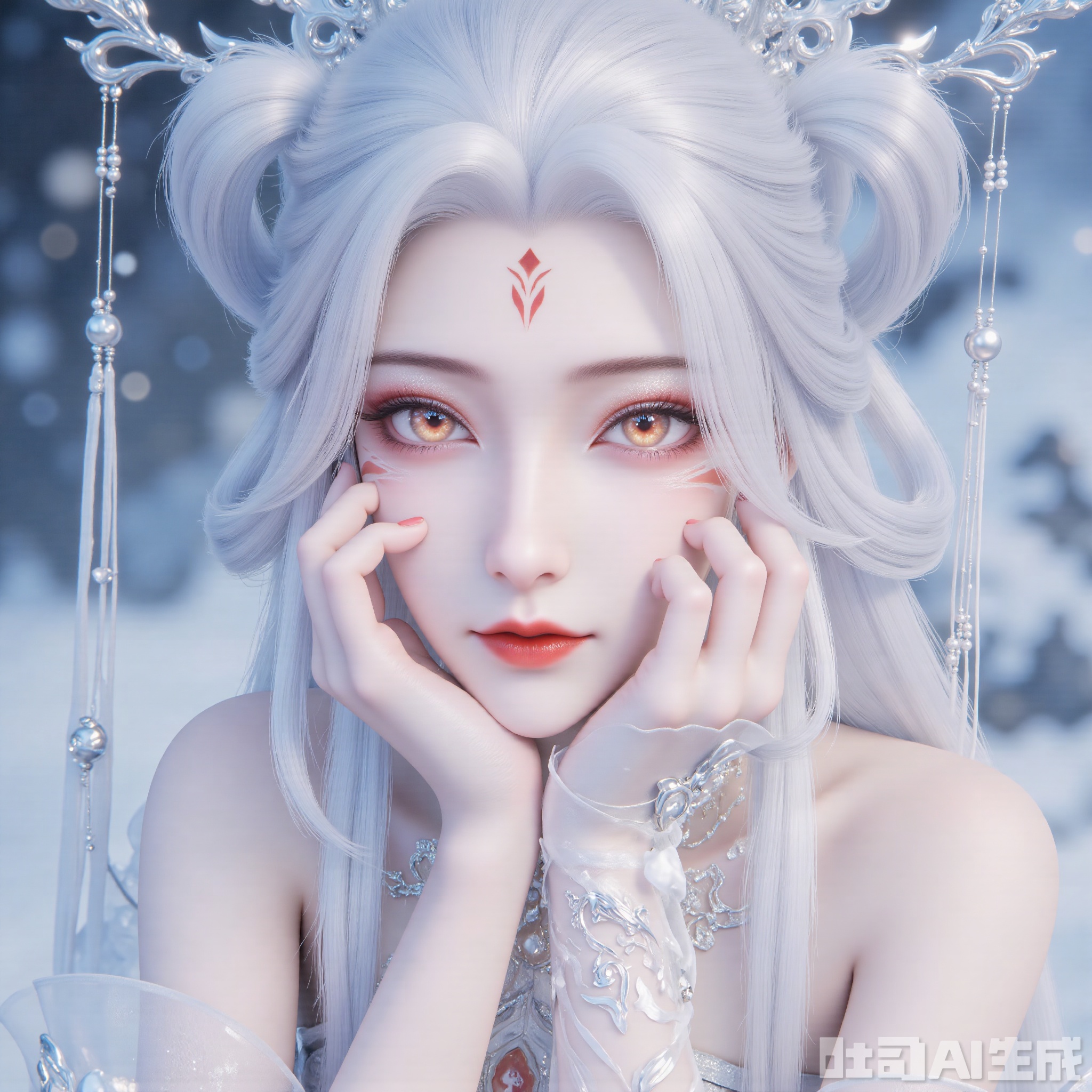(solo focus:1.3), celestial maiden with liquid silver hair (waist-length), semi-transparent snow veil hair ribbon, crimson diamond mark glowing with dim light. Vermilion phoenix eye makeup with amber vitreous pupils, frost-crystal eyelashes. Right hand resting on cheek wearing silver ice-flower finger armor. Moonbeam mermaid silk dress with faint Big Dipper embroidery, silver plum-blossom branch cuffs. "Azure-Snow" gradient background with cryo-fog and snowflakes, nephrite jade subsurface scattering skin. (hyper-detailed:1.5)