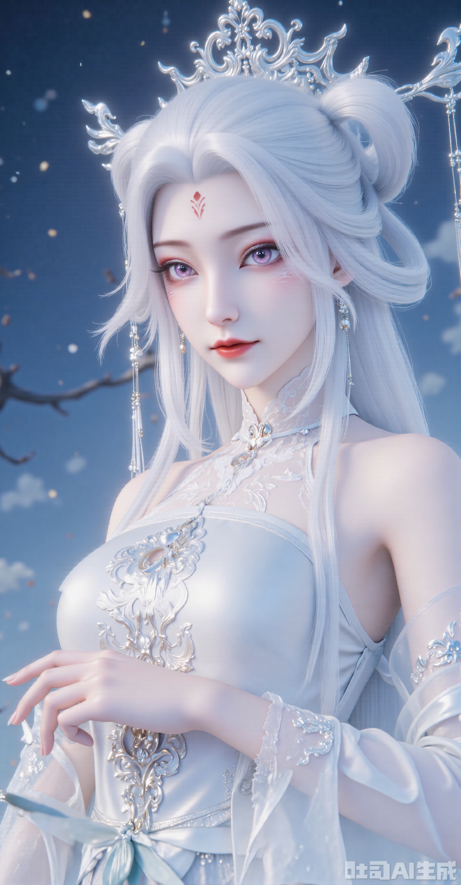 (Theme and Composition)
"Half-face close-up of an ancient-style beauty with minimalist composition, focusing on the face, 45-degree side profile, white long hair gently fluttering in the wind."
 
(Facial Details)
"Porcelain-like delicate skin, deep purple peach-blossom eyes with long eyelashes, naturally rosy lips, slender willow-leaf eyebrows, and a silver tassel forehead ornament falling to the center of the brow."
 
(Clothing and Colors)
"Light cyan silk ruqun (cross-collar robe and skirt) with hidden cloud-crane patterns embroidered on the collar, cool-toned color scheme, and fabric texture as clear as moonlight."
 
(Background and Atmosphere)
"Dark blue starry sky background with scattered starlight particles, hazy halo effect, overall cool-toned lighting, and a new Chinese-style dreamy immortal-fantasy aesthetic."
 
(Painting Style and Quality)
"Ultra-high-definition 8K rendering, CG-style thick painting technique, soft-focus lens effect, blending the styles of Wlop and Mianlang, with rich light and shadow layers."