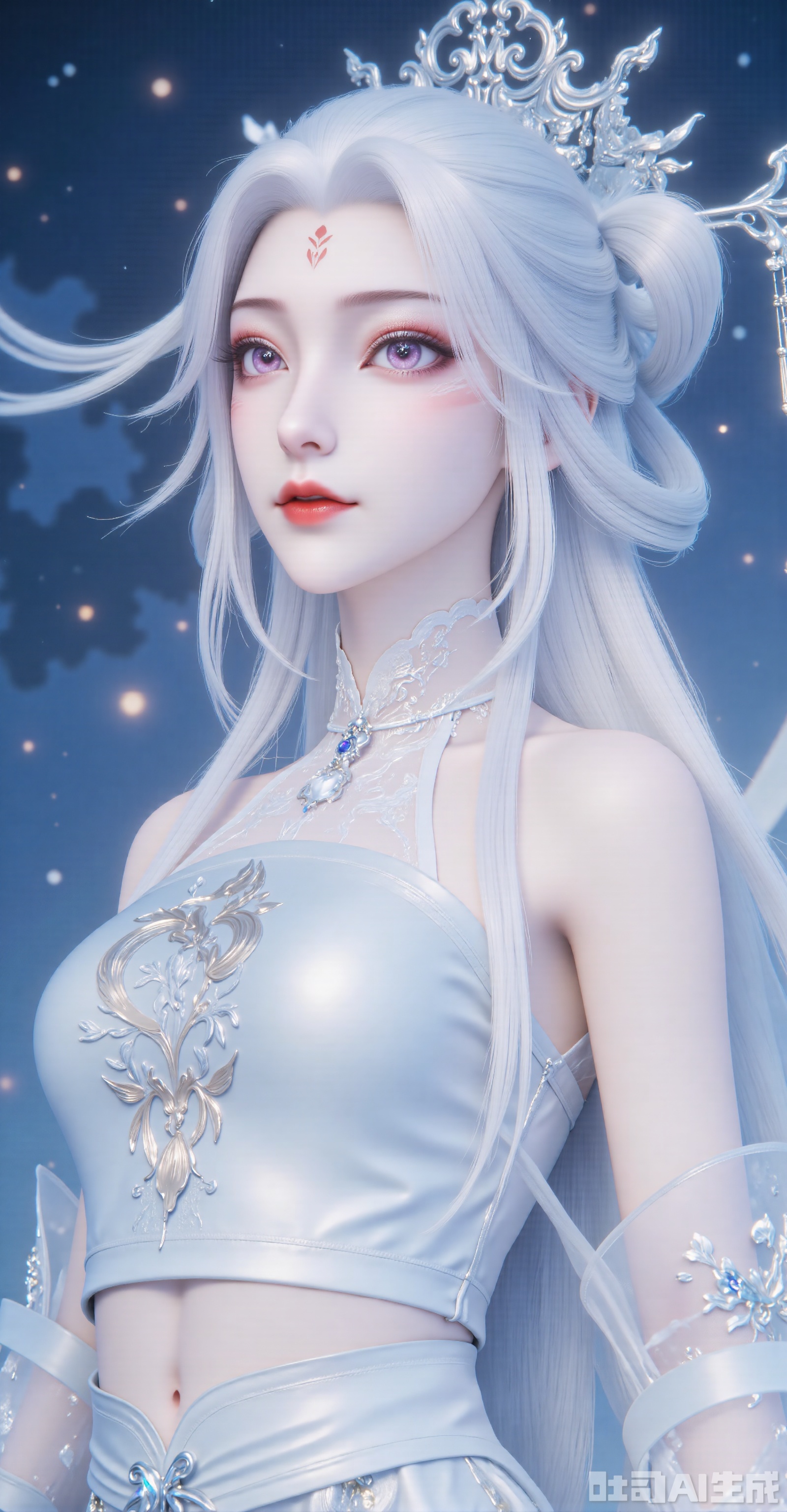 (Theme and Composition)
"Half-face close-up of an ancient-style beauty with minimalist composition, focusing on the face, 45-degree side profile, white long hair gently fluttering in the wind."
 
(Facial Details)
"Porcelain-like delicate skin, deep purple peach-blossom eyes with long eyelashes, naturally rosy lips, slender willow-leaf eyebrows, and a silver tassel forehead ornament falling to the center of the brow."
 
(Clothing and Colors)
"Light cyan silk ruqun (cross-collar robe and skirt) with hidden cloud-crane patterns embroidered on the collar, cool-toned color scheme, and fabric texture as clear as moonlight."
 
(Background and Atmosphere)
"Dark blue starry sky background with scattered starlight particles, hazy halo effect, overall cool-toned lighting, and a new Chinese-style dreamy immortal-fantasy aesthetic."
 
(Painting Style and Quality)
"Ultra-high-definition 8K rendering, CG-style thick painting technique, soft-focus lens effect, blending the styles of Wlop and Mianlang, with rich light and shadow layers."