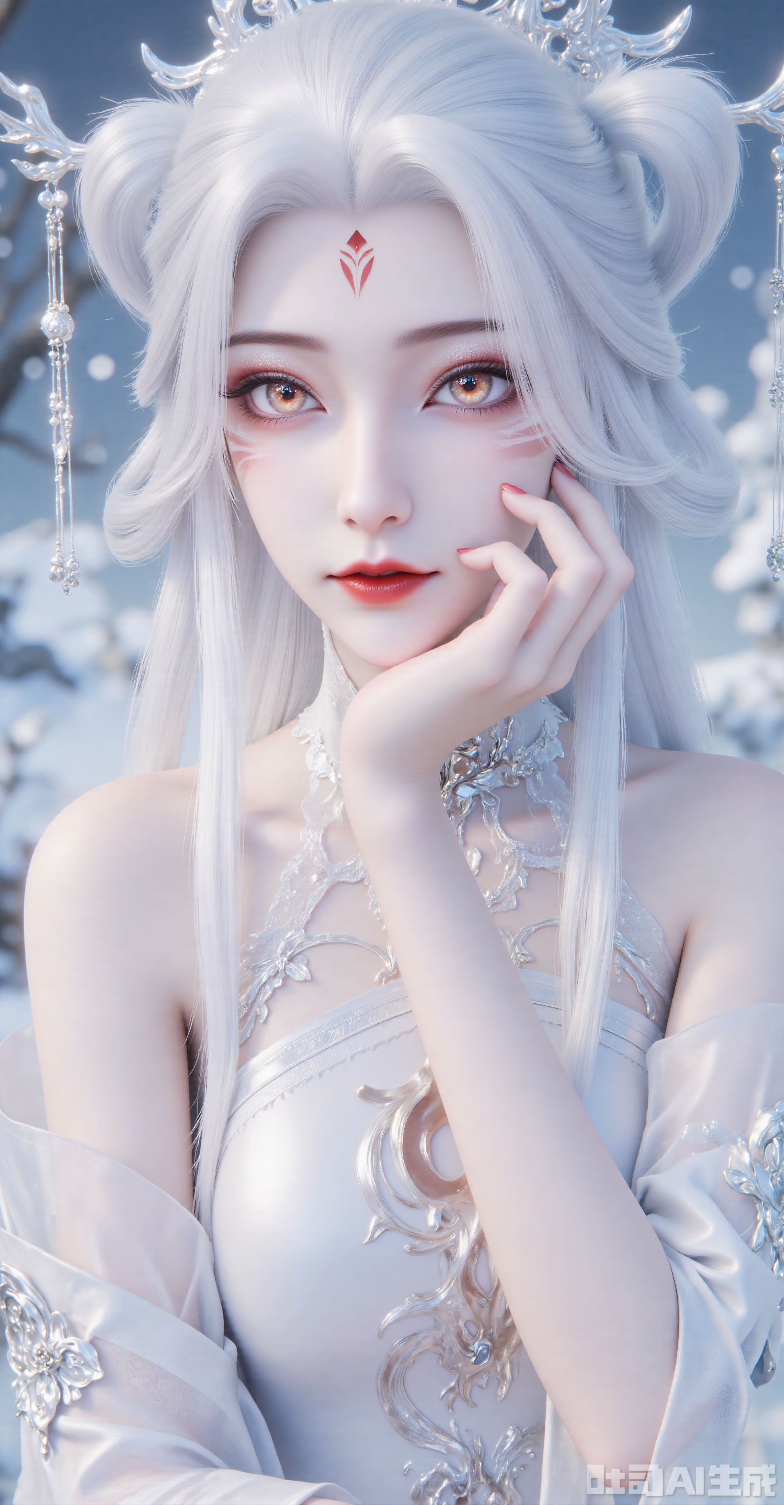 (solo focus:1.3), celestial maiden with liquid silver hair (waist-length), semi-transparent snow veil hair ribbon, crimson diamond mark glowing with dim light. Vermilion phoenix eye makeup with amber vitreous pupils, frost-crystal eyelashes. Right hand resting on cheek wearing silver ice-flower finger armor. Moonbeam mermaid silk dress with faint Big Dipper embroidery, silver plum-blossom branch cuffs. "Azure-Snow" gradient background with cryo-fog and snowflakes, nephrite jade subsurface scattering skin. (hyper-detailed:1.5)