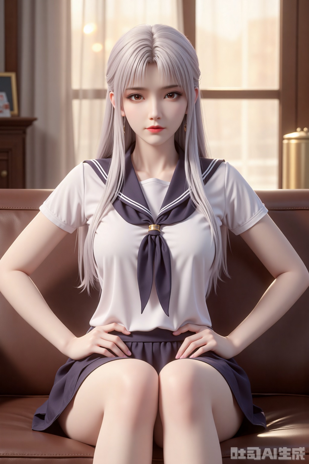 1 girl, solo, with bangs, wearing a sailor's uniform, sitting cross-legged on a brown leather sofa, her long snow-white straight hair drooped to her shoulders, and her bright eyes filled with soft light by the window. The dark blue scarf is lightly attached to the collarbone, the pleated skirt is stretched between the knees like petals, and the slender hands are lightly attached to the waist to freeze the elegant arc. The log cabinet stands quietly in the background, the time is sealed in the photo frame, the brass can refracts warm dimming spots, and the dust filtered from the gauze curtains dances in the air. The whole picture looks like a honey-soaked afternoon, with the warmth of the cortex and the sweetness of the girl intertwined into visual chords.