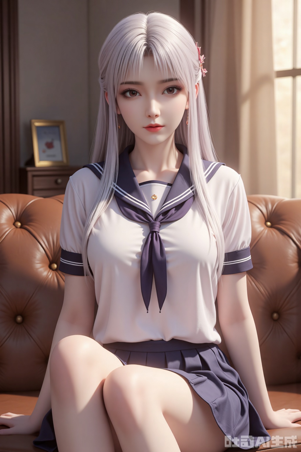 1 girl, solo, with bangs, wearing a sailor's uniform, sitting cross-legged on a brown leather sofa, her long snow-white straight hair drooped to her shoulders, and her bright eyes filled with soft light by the window. The dark blue scarf is lightly attached to the collarbone, the pleated skirt is stretched between the knees like petals, and the slender hands are lightly attached to the waist to freeze the elegant arc. The log cabinet stands quietly in the background, the time is sealed in the photo frame, the brass can refracts warm dimming spots, and the dust filtered from the gauze curtains dances in the air. The whole picture looks like a honey-soaked afternoon, with the warmth of the cortex and the sweetness of the girl intertwined into visual chords.