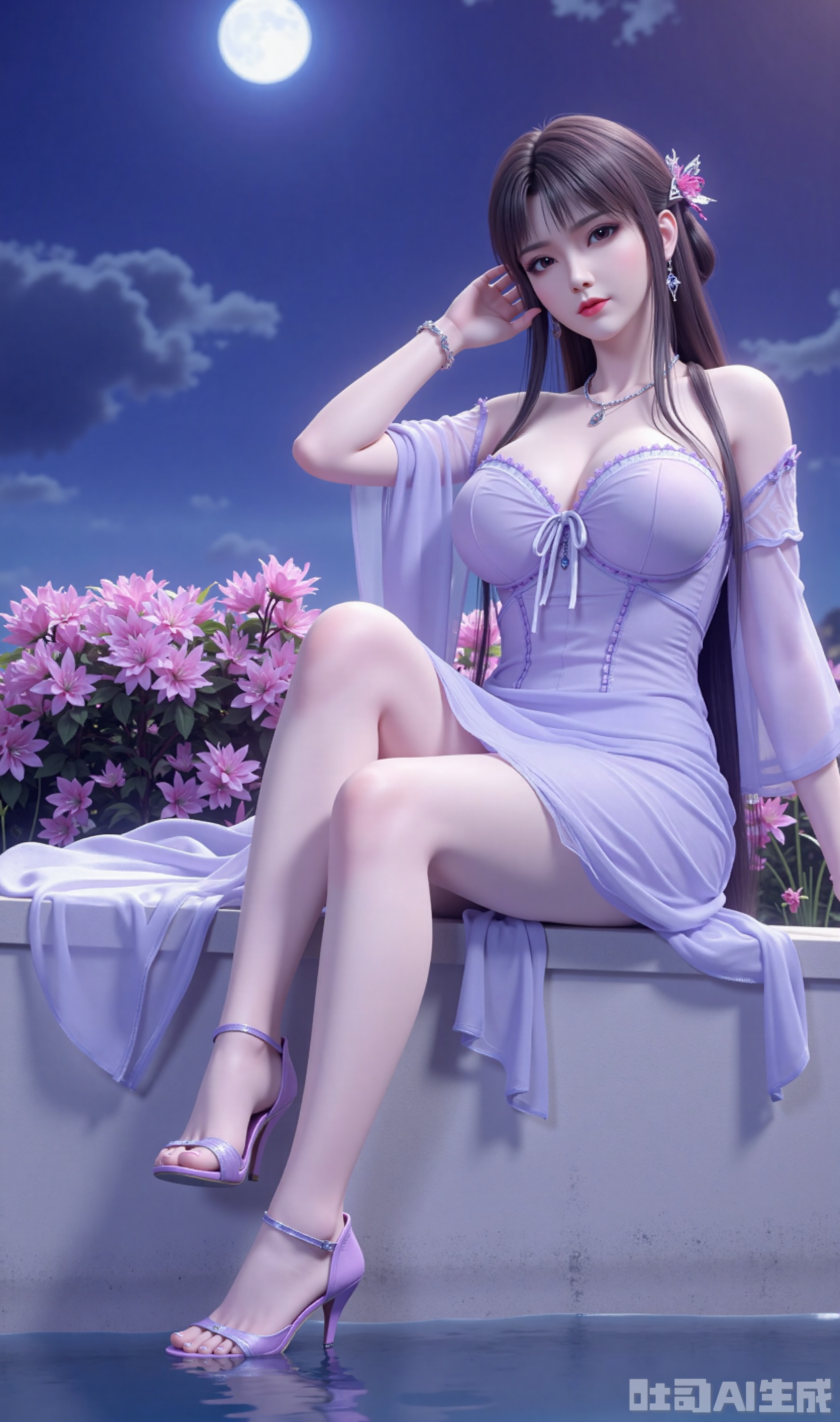 Ultra Clear, Wallpaper, 8K, Masterpiece, Masterpiece, Best Quality, High Quality, Color, Hair Accessories, Extra Long Legs , high-heeled sandals, earrings, black hair, light 1girl,solo, eyes,hair ornament,dress,sitting,full body,flower,sky,water, dress,high heels,tree,bare legs,night,moon,bug,butterfly,night sky,black hair,Tutu Aurora 8D Pantyhose,plns_high heels,embossed high heels,LS,Xhuangnv,wet pantyhose,xyx,xiaoyixian,cy,charming legs,xyx